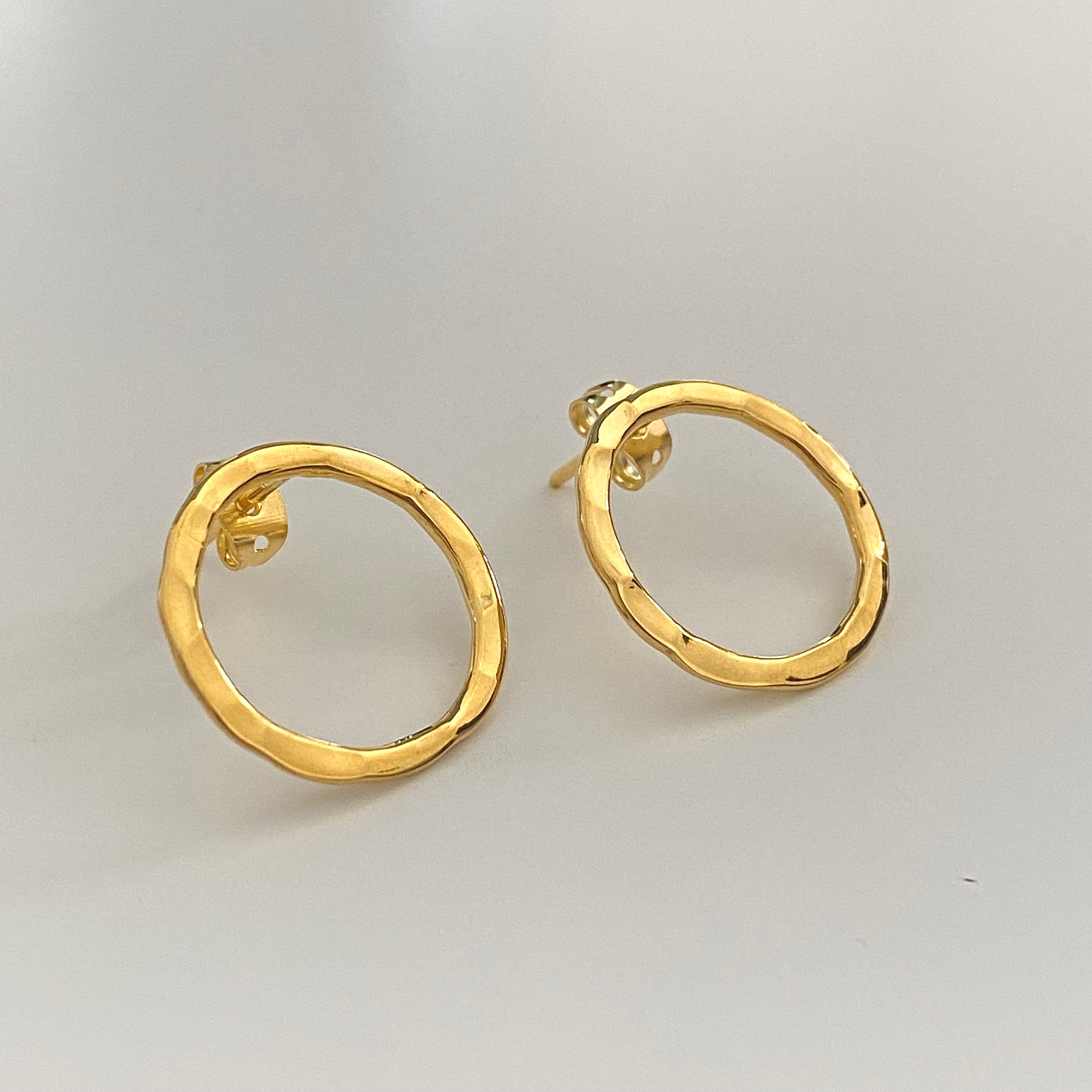 Gold Plated Sterling Silver Hollow Hammered Circle Stud Earrings