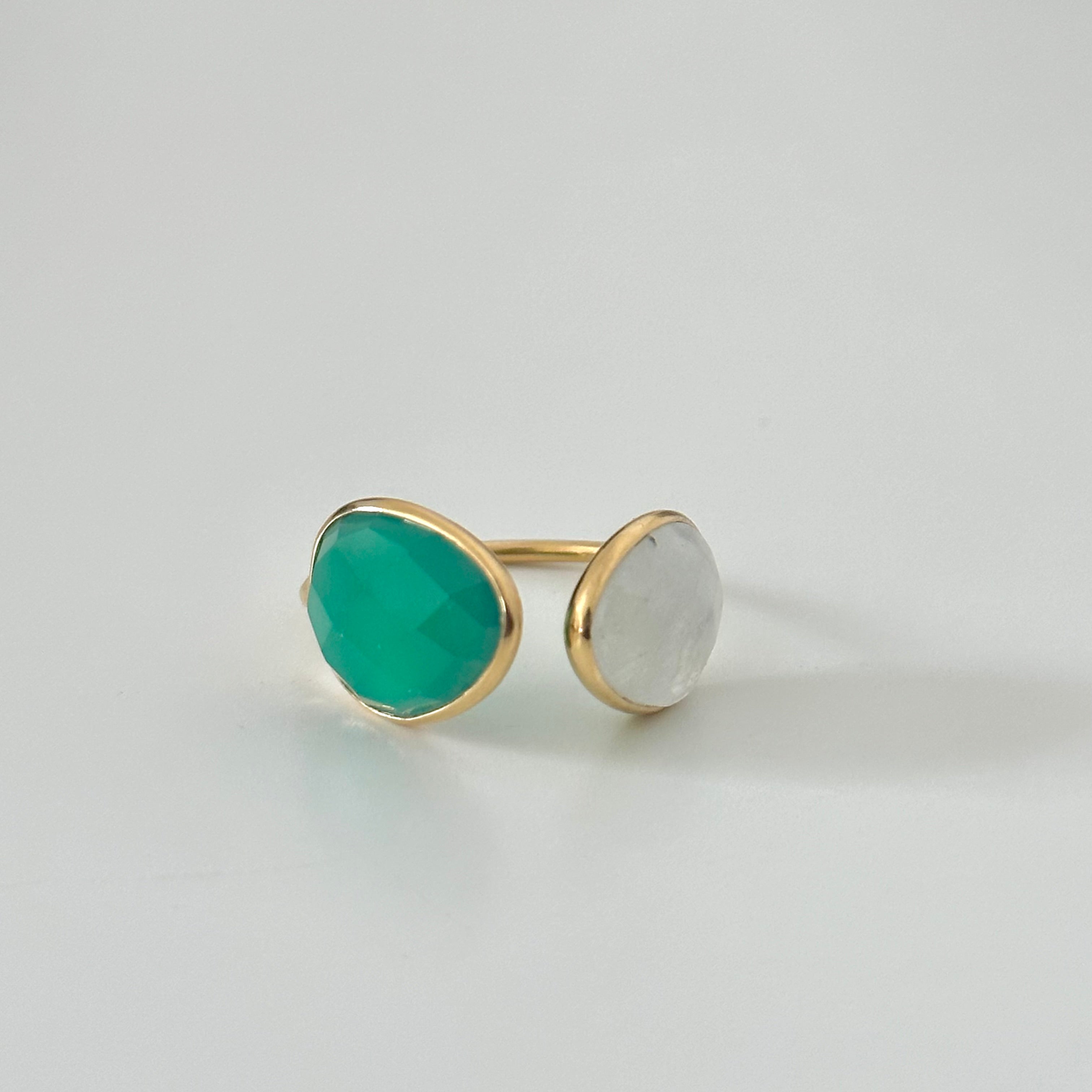 Gold Plated Sterling Silver Two Gemstone Ring with Green Onyx and Moonstone