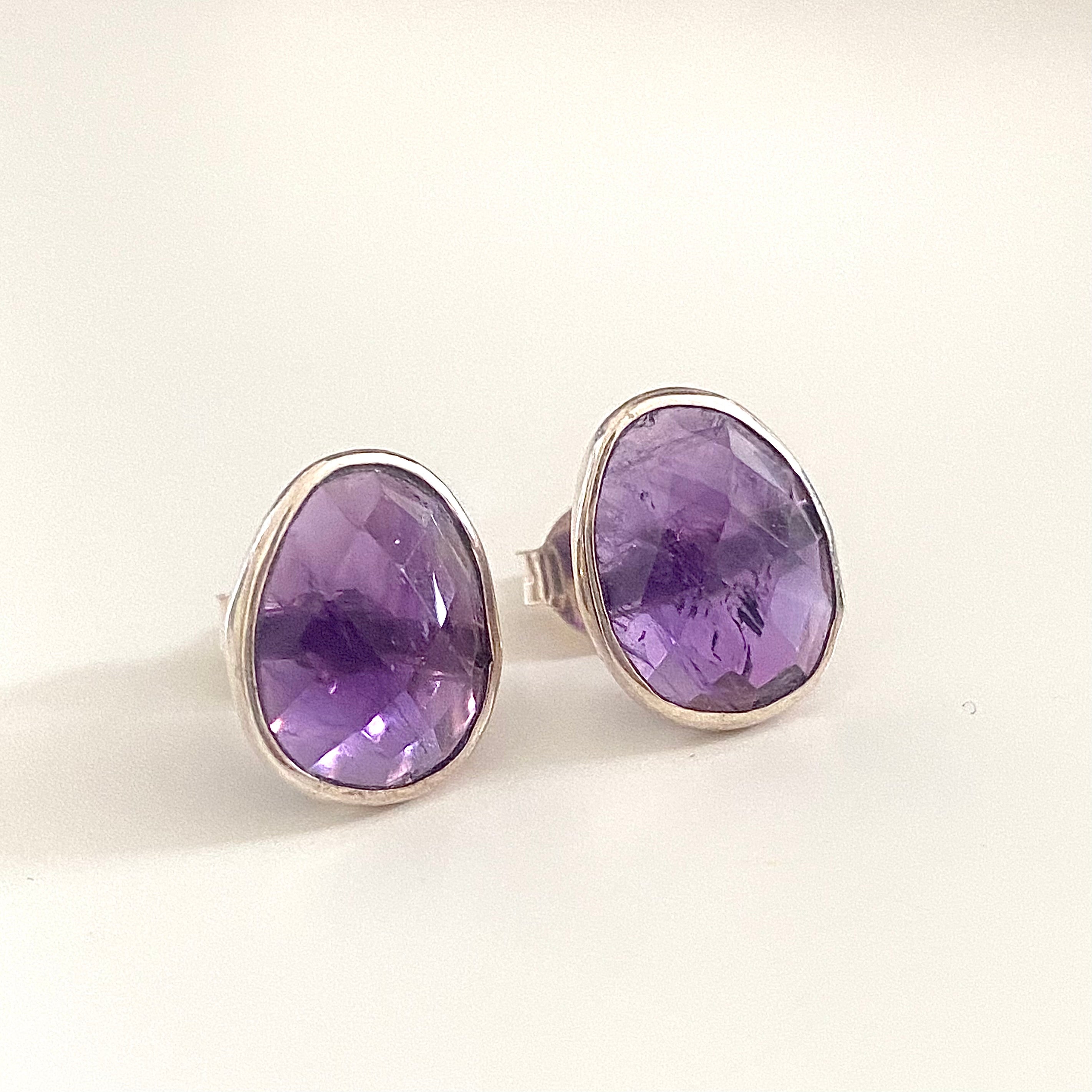 Amethyst Organic Elliptical Shaped Gemstone Studs in Sterling Silver