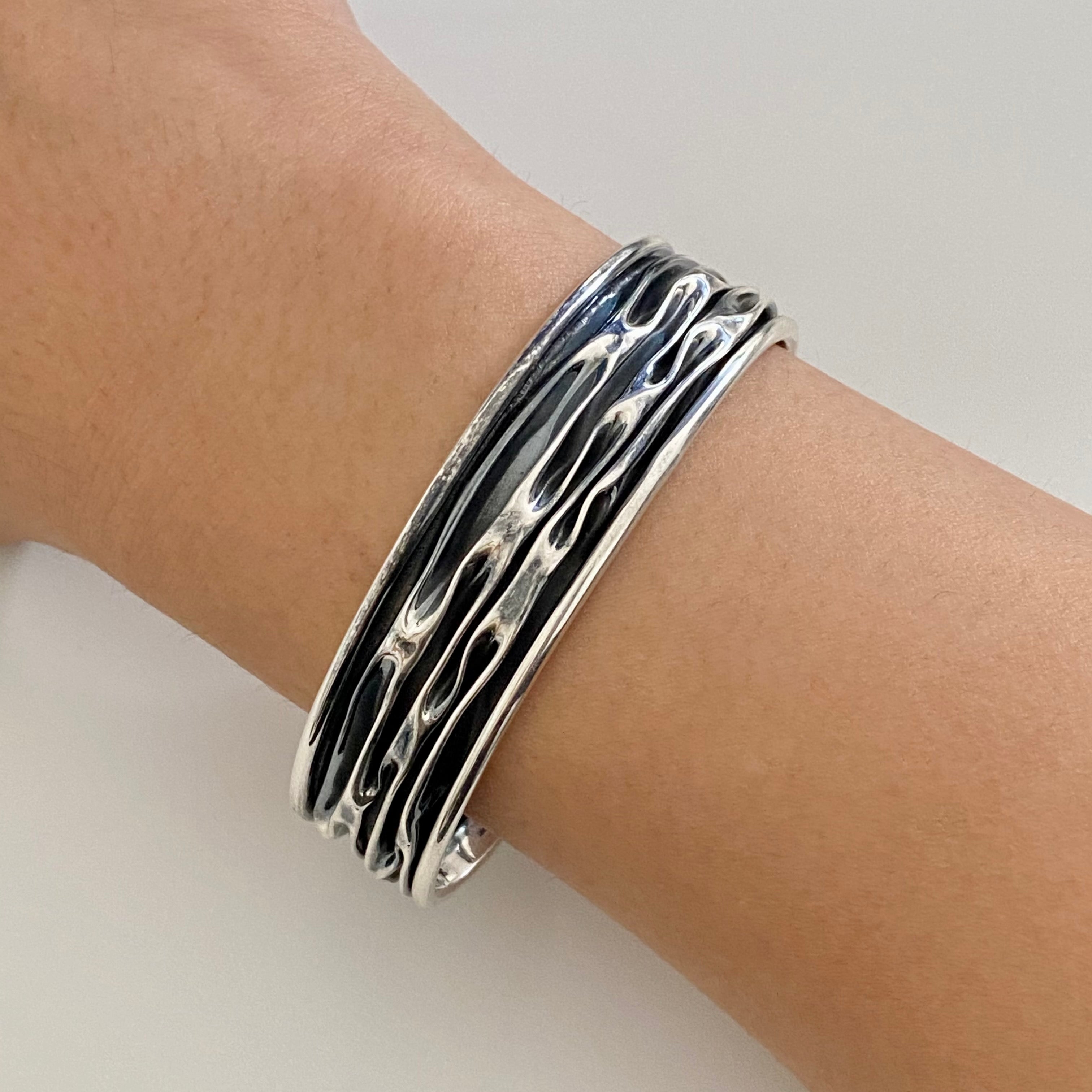 Oxidised Sterling Silver Textured Patterned Cuff - Narrow