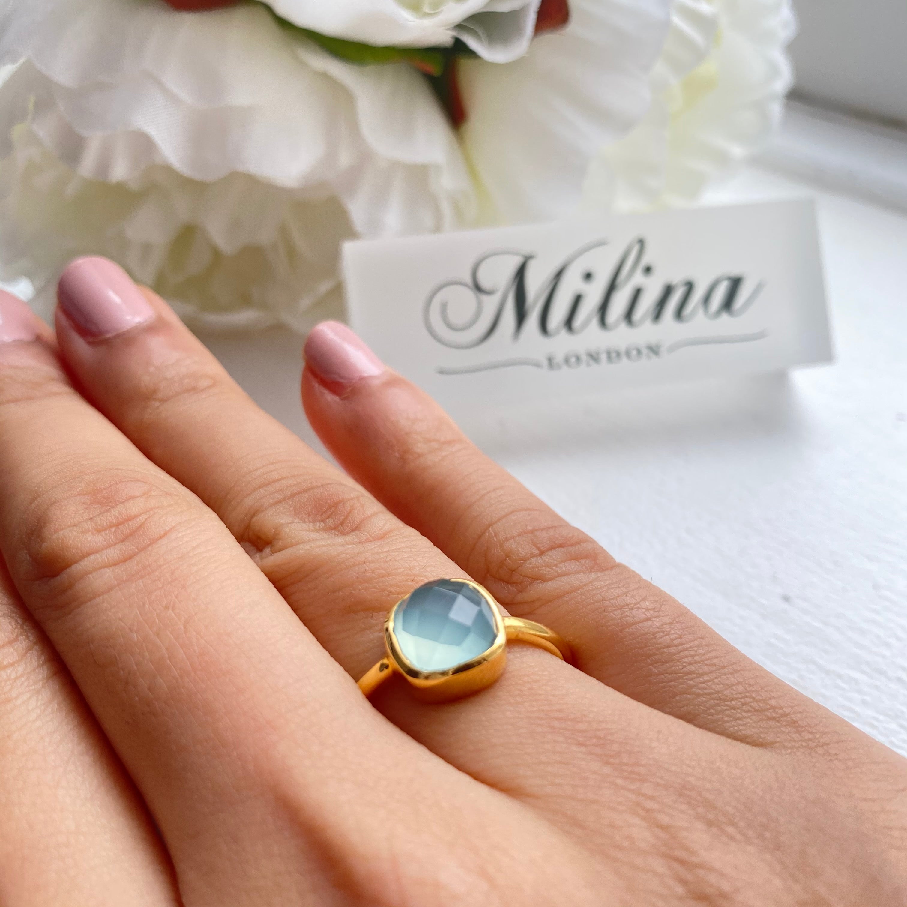 Faceted Square Cut Natural Gemstone Gold Plated Sterling Silver Solitaire Ring - Aqua Chalcedony