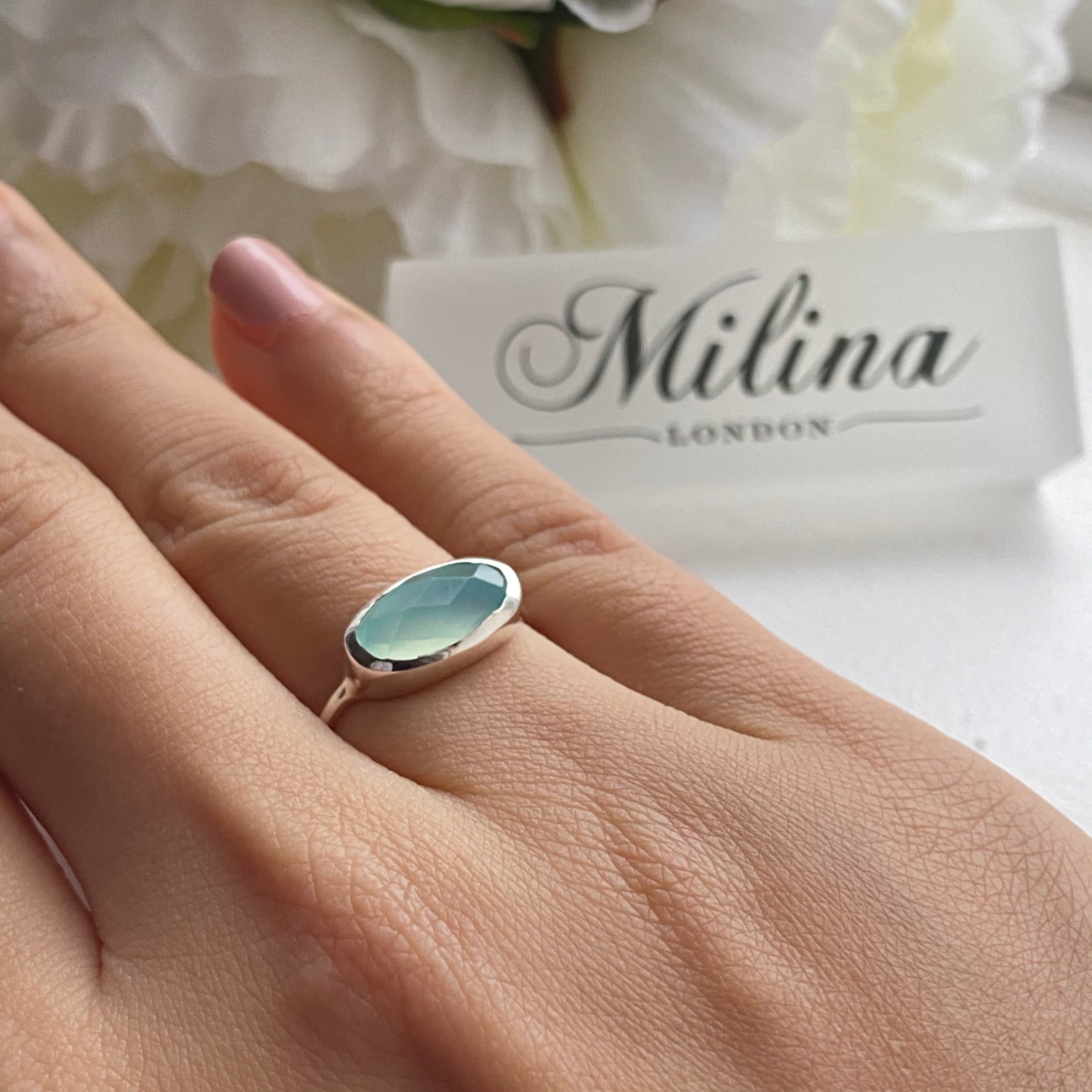 Faceted Oval Cut Natural Gemstone Sterling Silver Fine Band Ring - Aqua Chalcedony