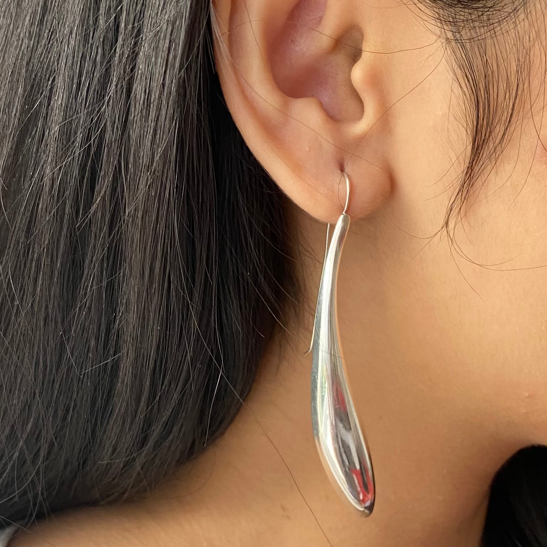Silver Earrings - Long Curved Statement Earrings