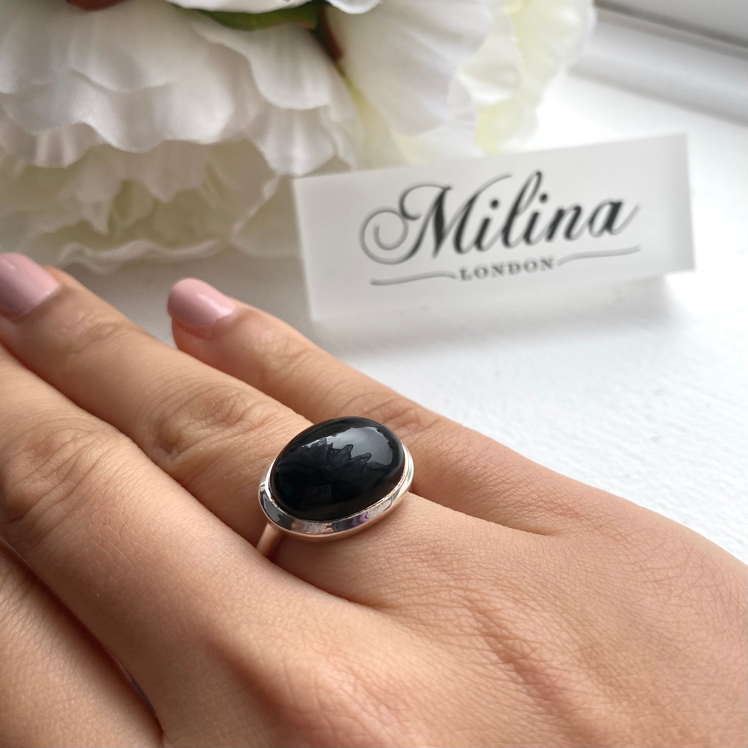 Cabochon Oval Cut Natural Gemstone Sterling Silver Ring - Black Onyx