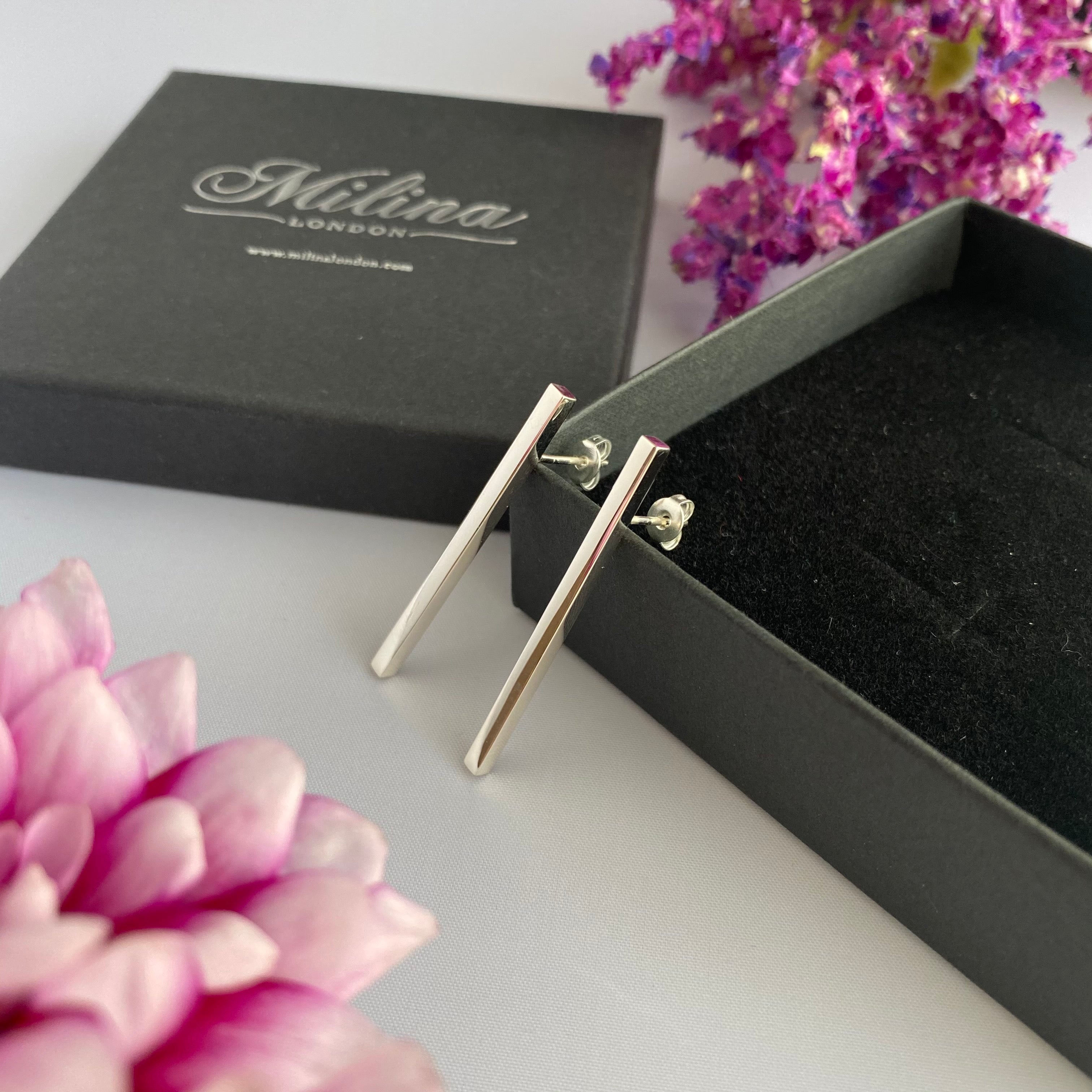 Long Cuboid Shaped Straight Bar Sterling Silver Earrings