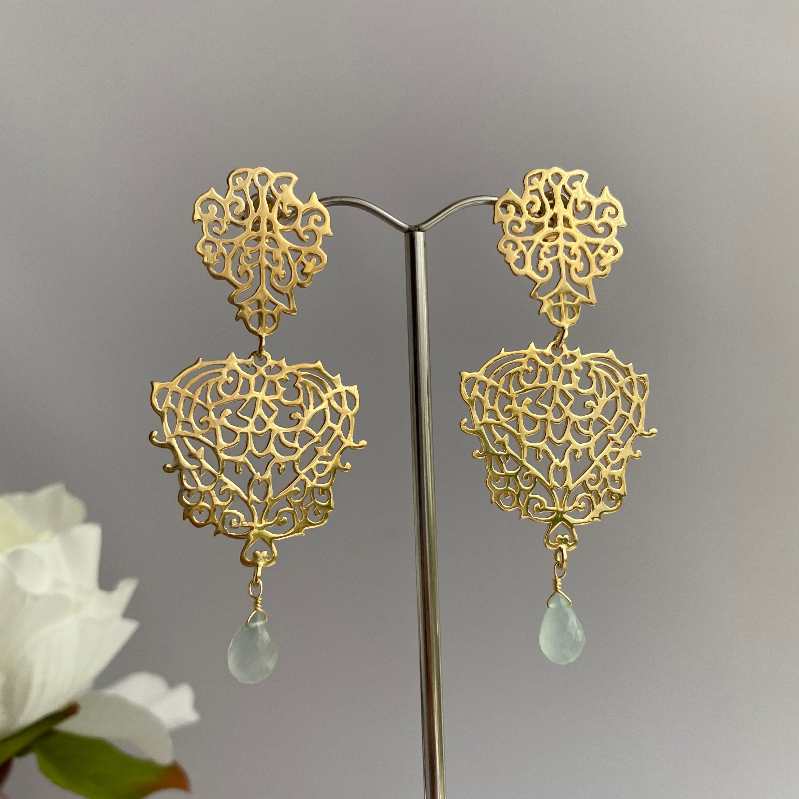 Gold Plated Sterling Silver Intricate Filigree Long Earrings with Stone Drop - Aqua Chalcedony