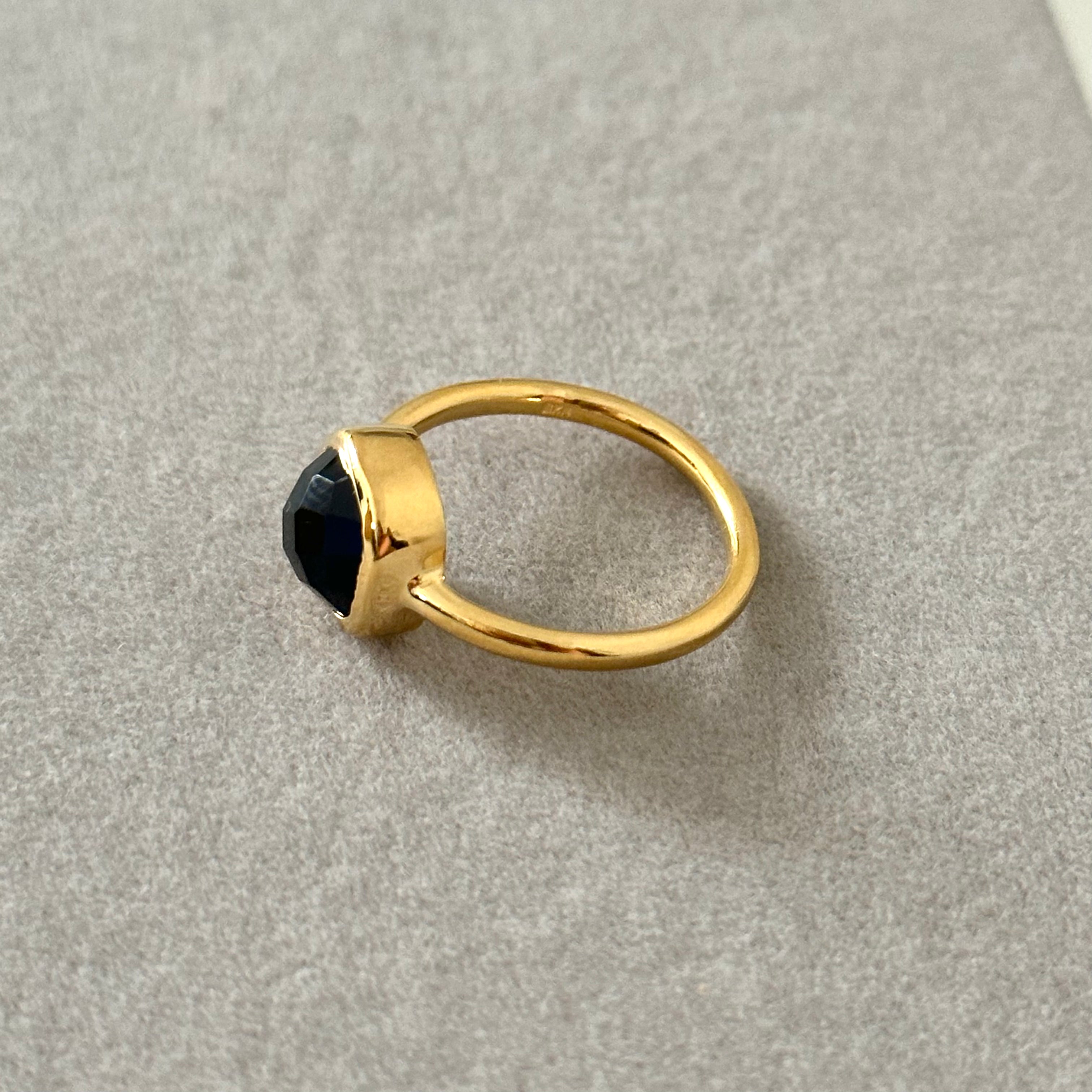 Square Cut Natural Gemstone Gold Plated Sterling Silver Solitaire Ring -Black Onyx