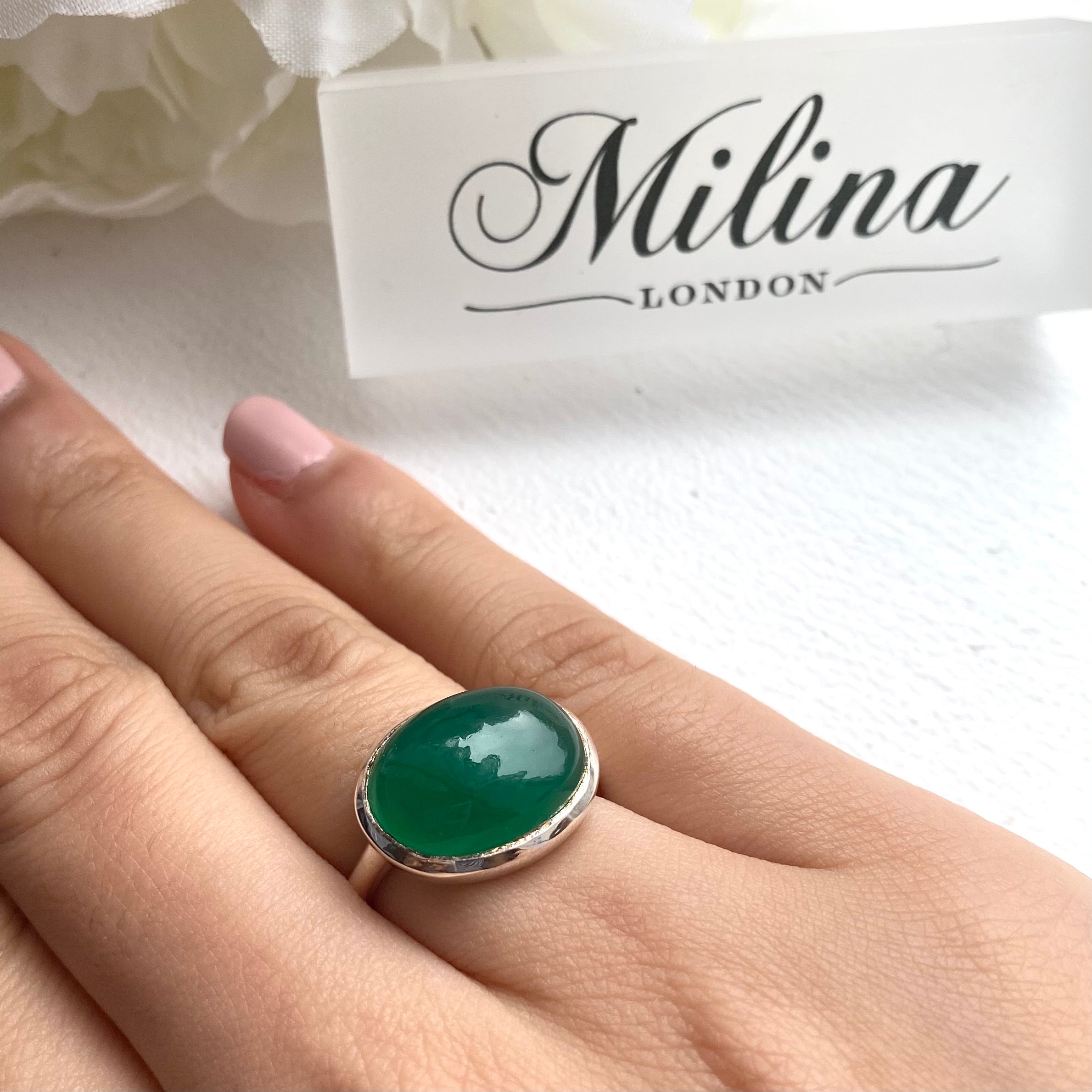 Cabochon Oval Cut Natural Gemstone Sterling Silver Ring - Green Onyx