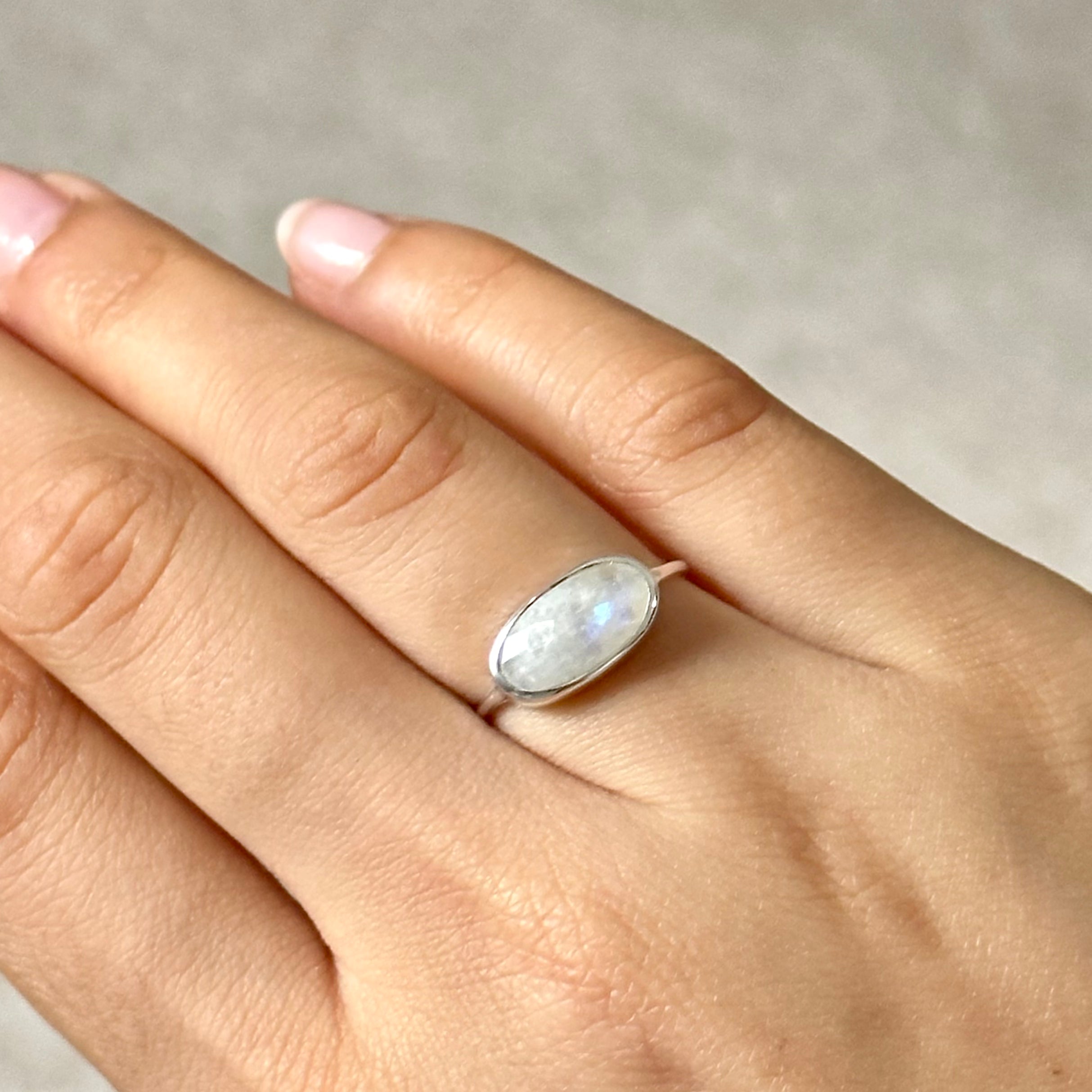 Faceted Oval Cut Natural Gemstone Sterling Silver Fine Band Ring - Moonstone