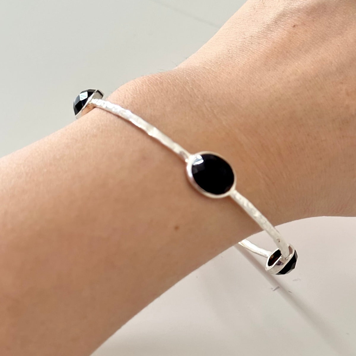 Black Onyx Sterling Silver Gemstone Bangle - Milina London