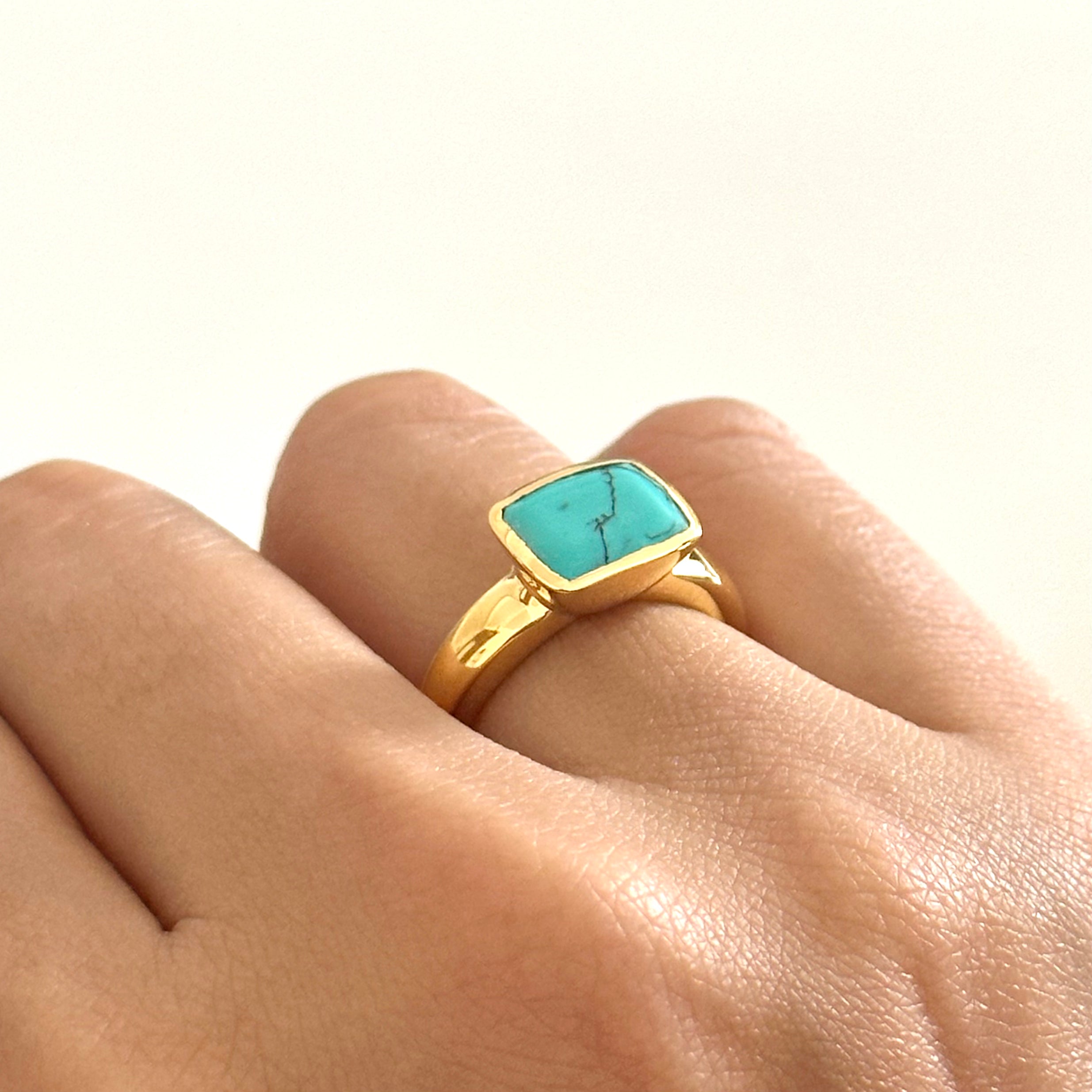 Faceted Rectangular Cut Natural Gemstone Gold Plated Sterling Silver Ring - Turquoise