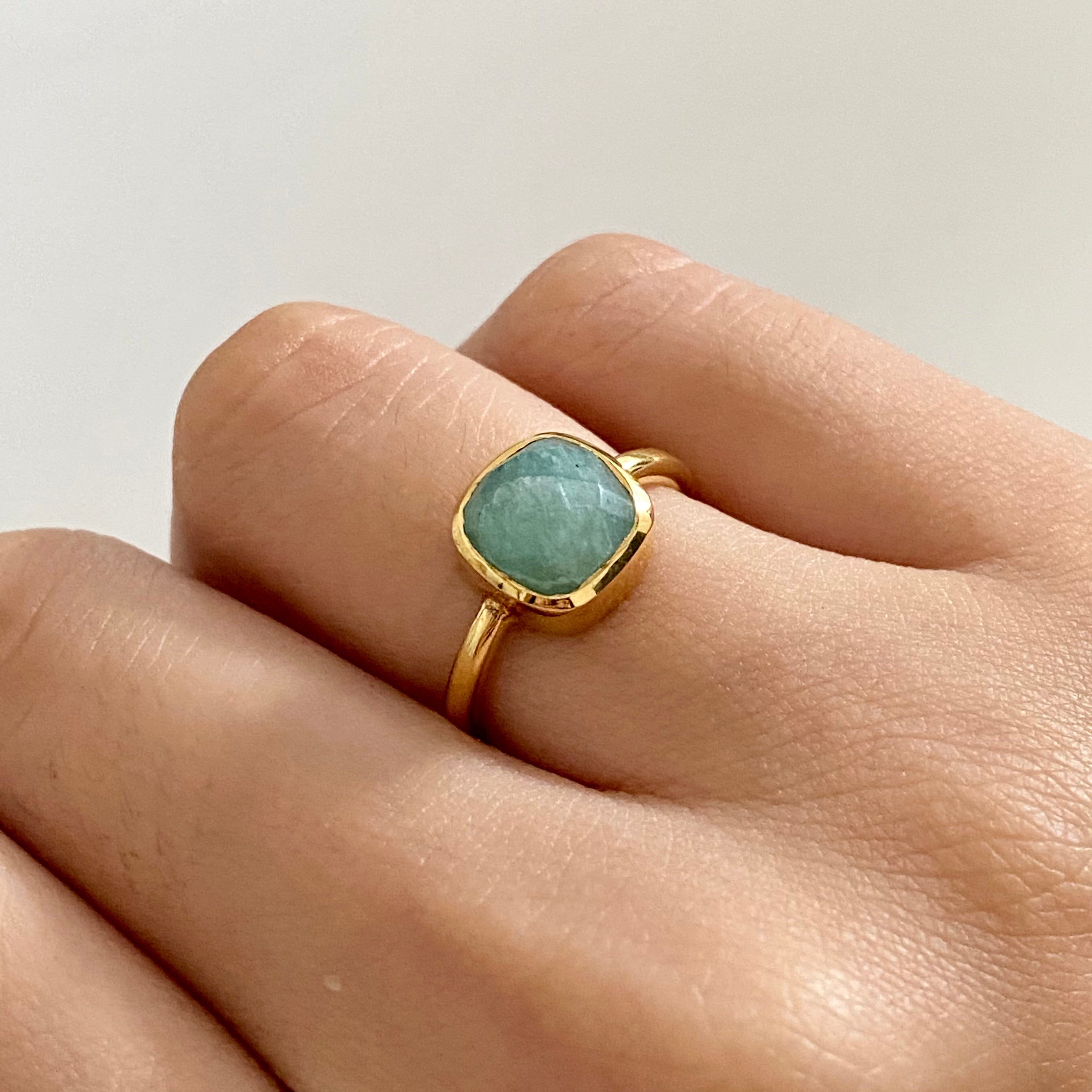 Faceted Square Cut Natural Gemstone Gold Plated Sterling Silver Solitaire Ring - Amazonite