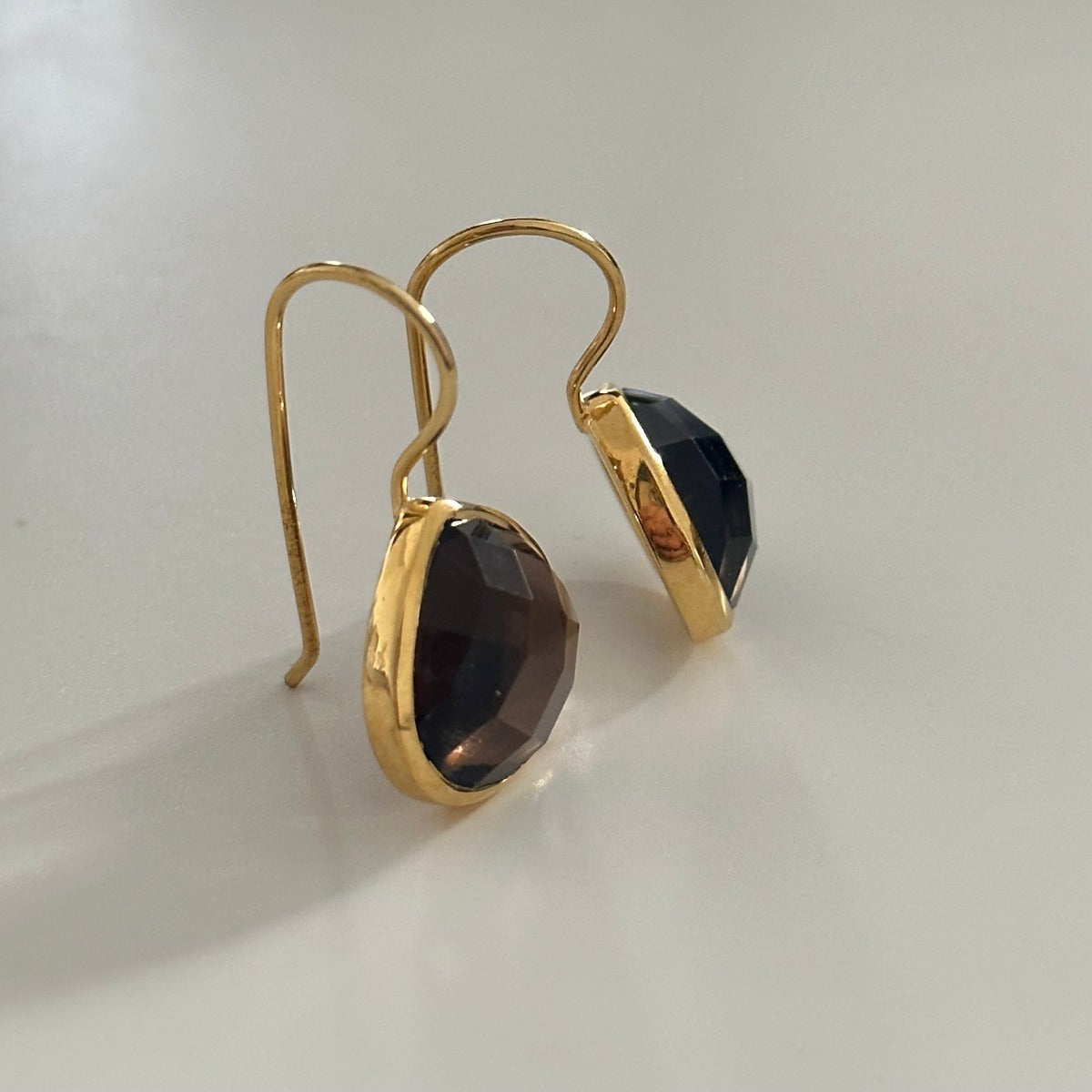 Smoky Quartz Gemstone Gold Plated Sterling Silver Teardrop Earrings - Milina London