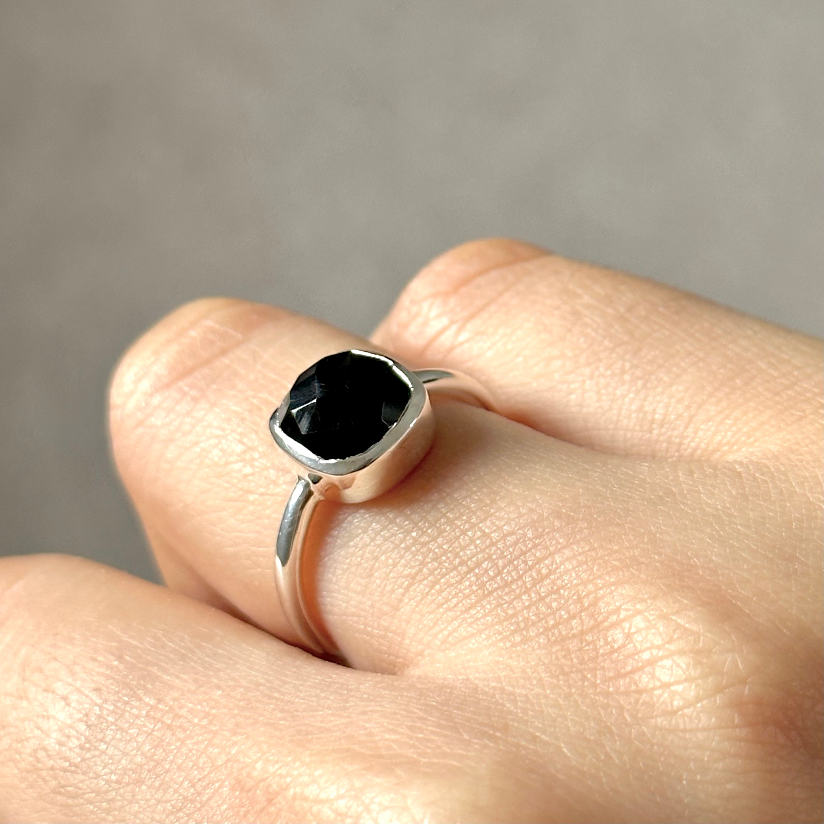 Square Cut Natural Gemstone Sterling Silver Solitaire Ring - Black Onyx