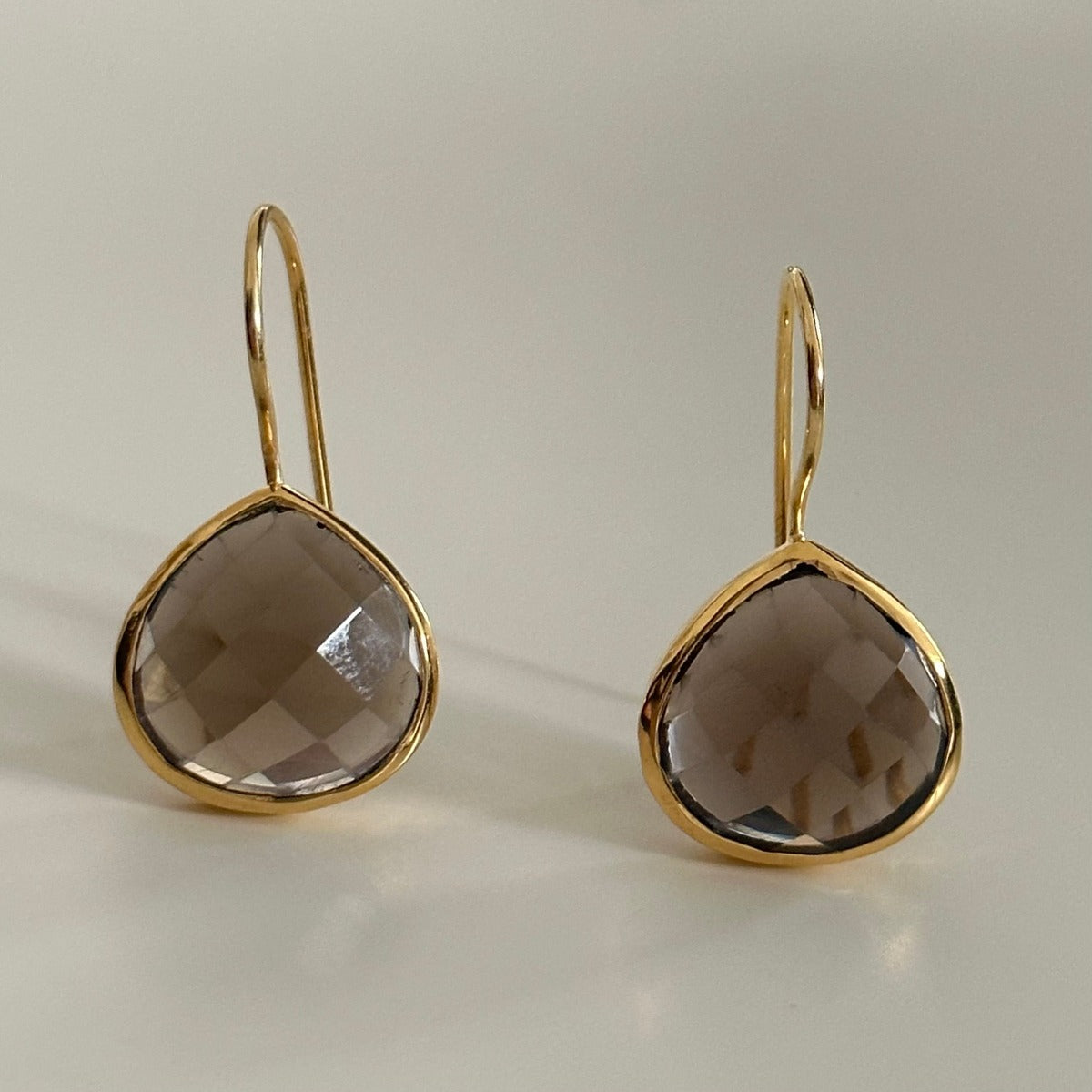 Smoky Quartz Gemstone Gold Plated Sterling Silver Teardrop Earrings - Milina London