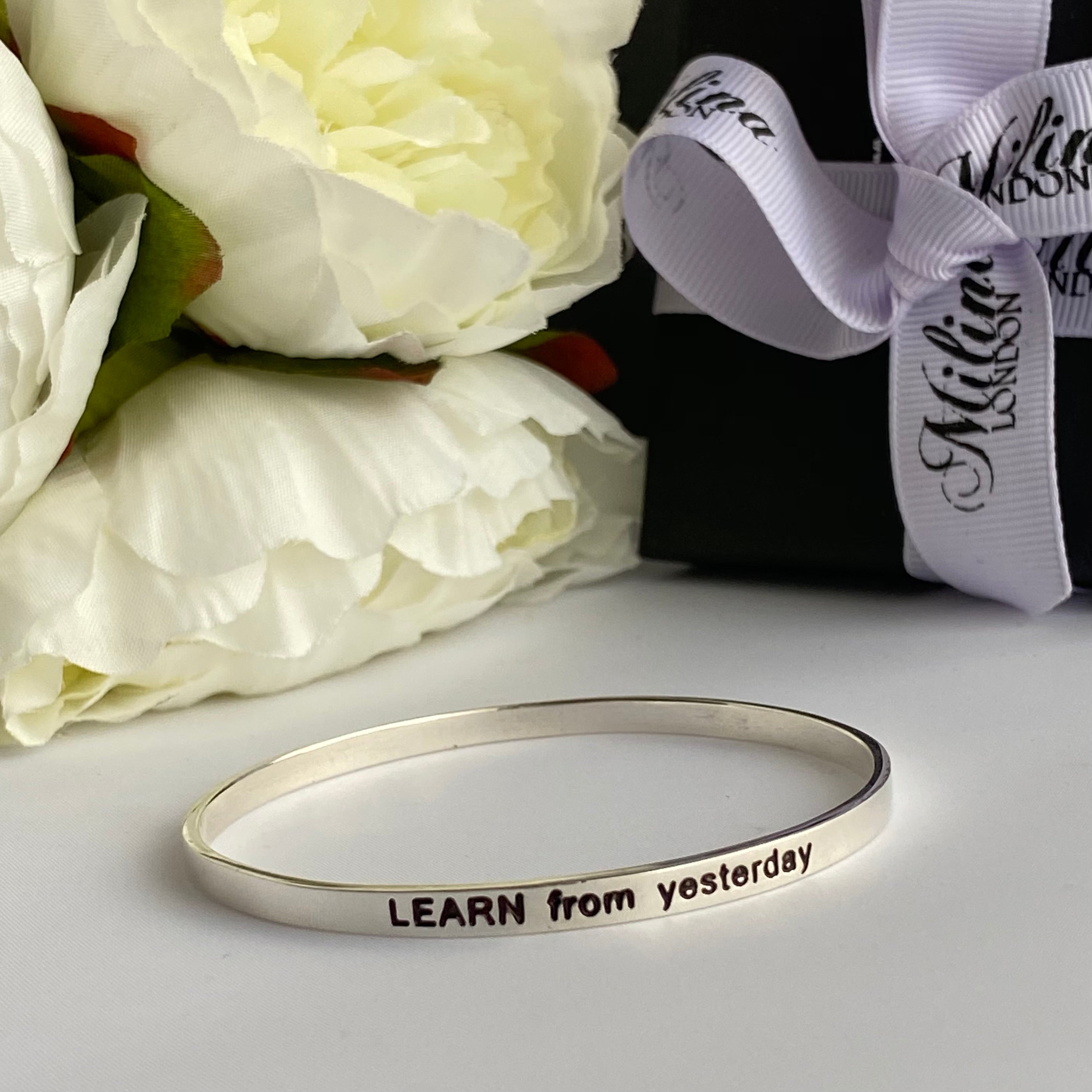 Sterling Silver Motivational Quote Bangle - Learn From Yesterday