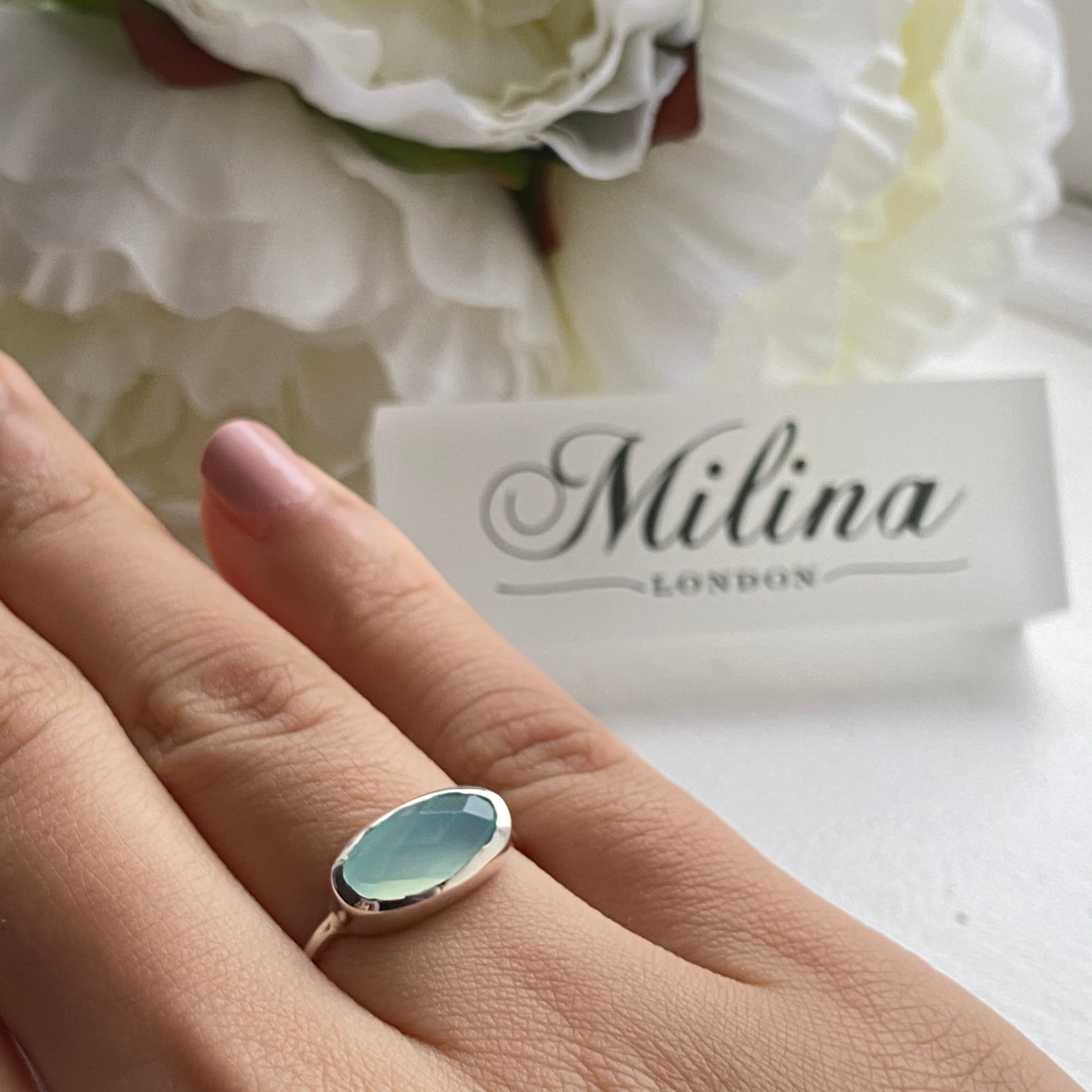 Faceted Oval Cut Natural Gemstone Sterling Silver Fine Band Ring - Aqua Chalcedony