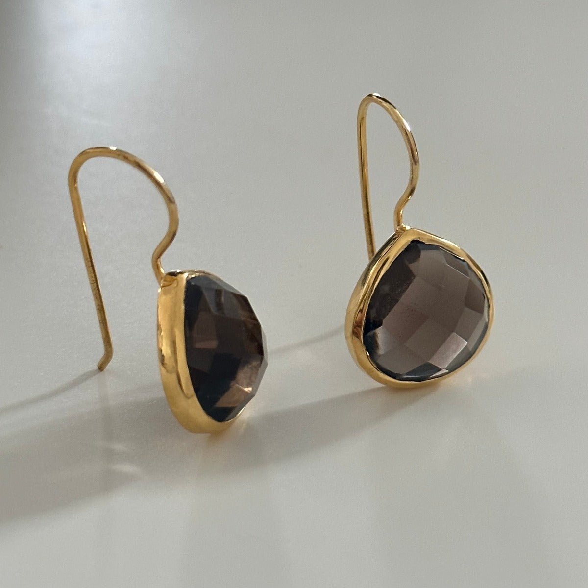 Smoky Quartz Gemstone Gold Plated Sterling Silver Teardrop Earrings - Milina London