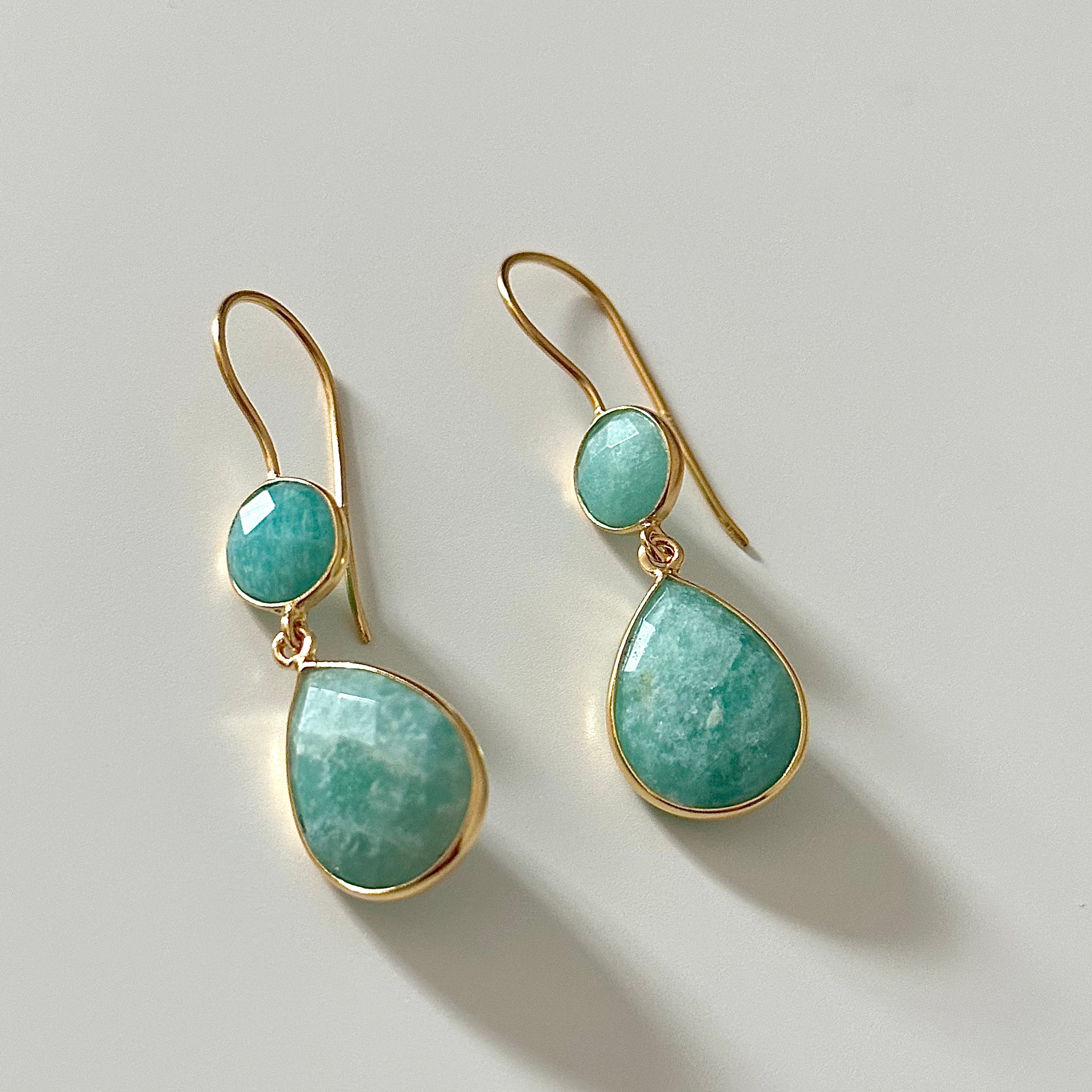 Amazonite Gemstone Two Stone Earrings in Gold Plated Sterling Silver - Teardrop