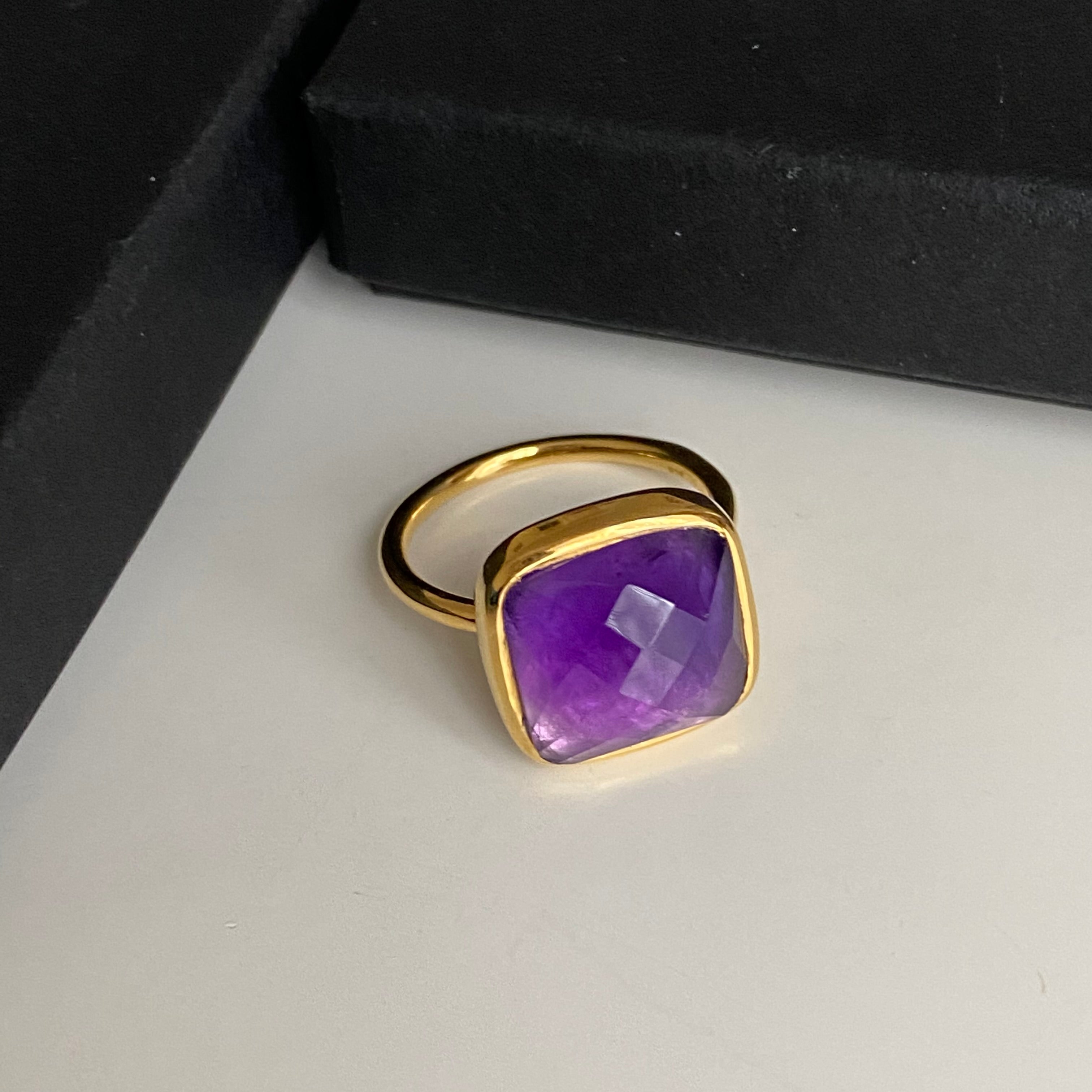 Gold Plated Silver Ring with Square Amethyst Stone 