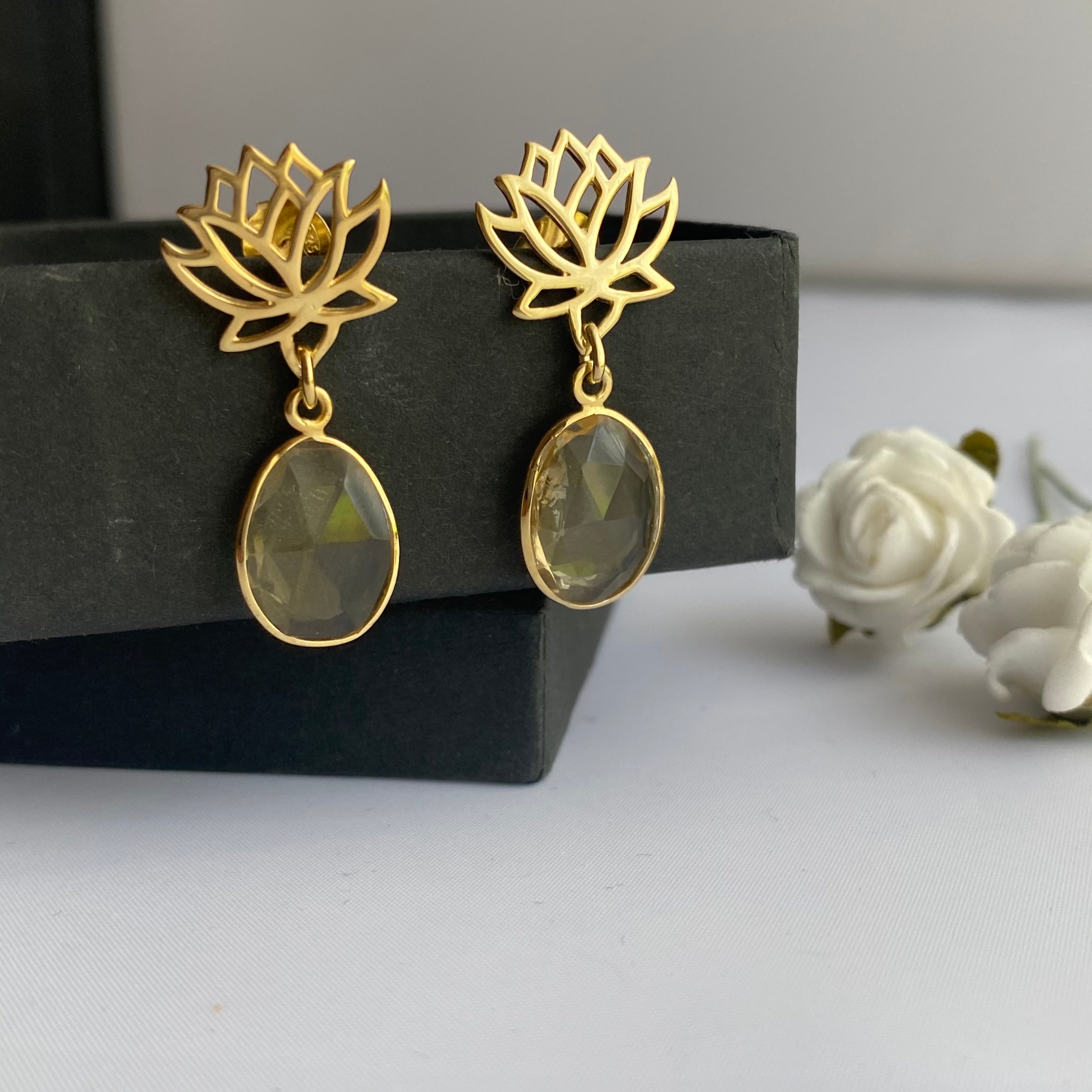 Lotus Earrings in Gold Plated Sterling Silver with a Citrine Gemstone Drop