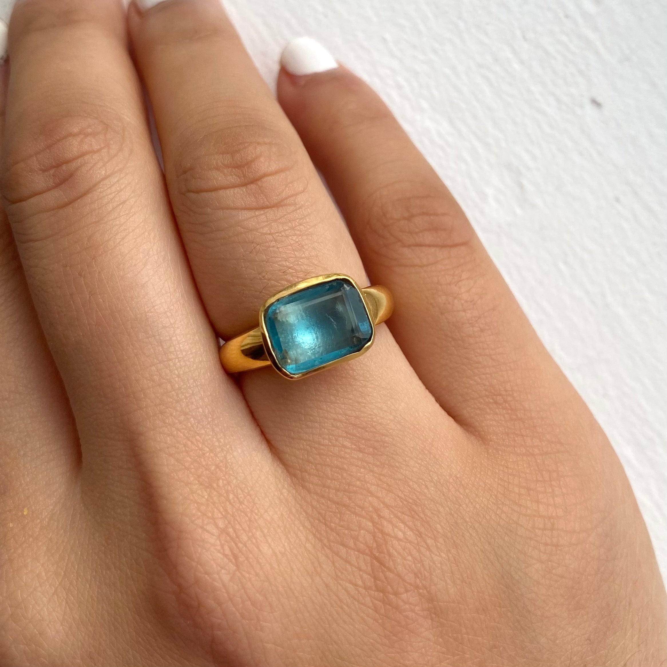 Faceted Rectangular Cut Natural Gemstone Gold Plated Sterling Silver Ring - Apatite