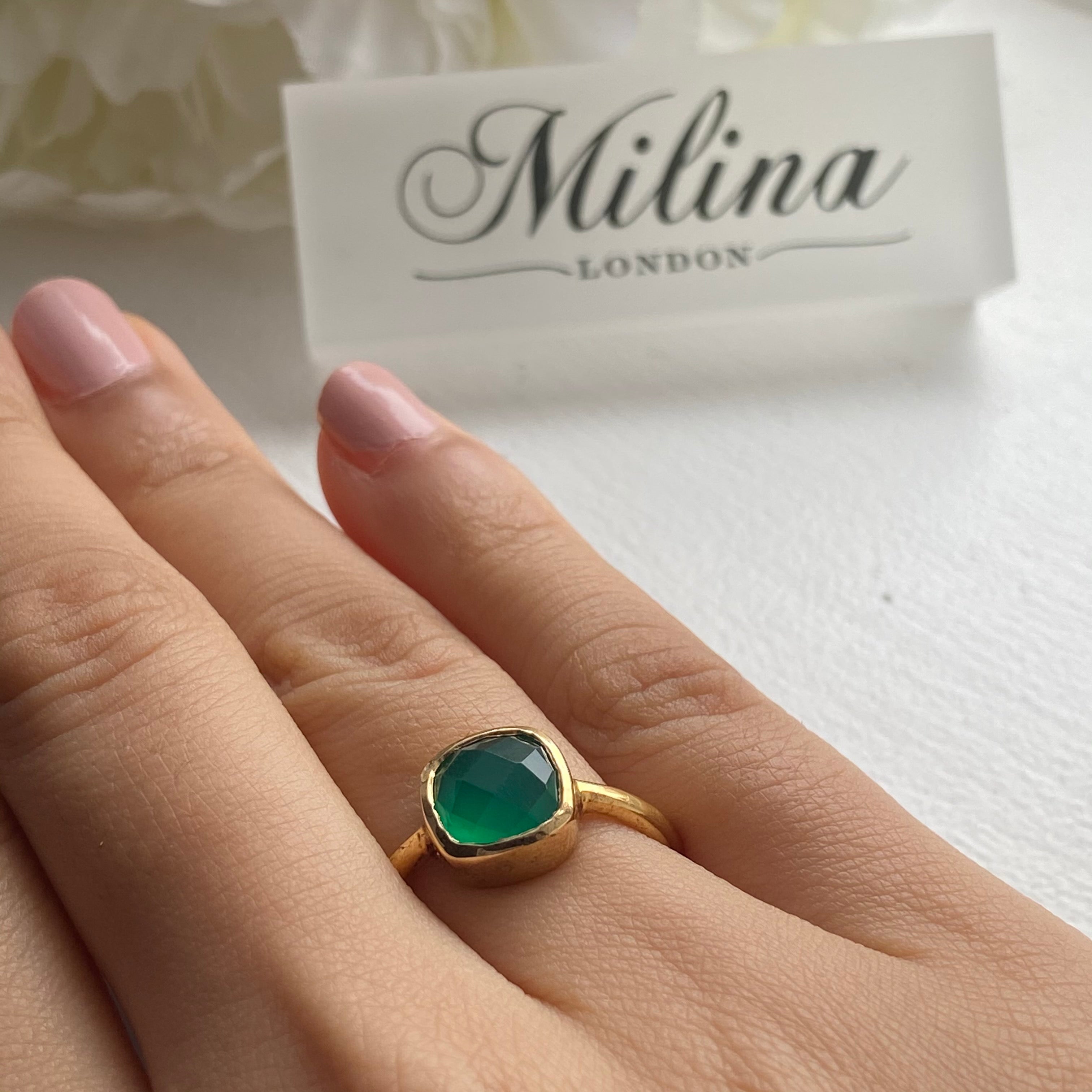 Faceted Square Cut Natural Gemstone Gold Plated Sterling Silver Solitaire Ring - Green Onyx