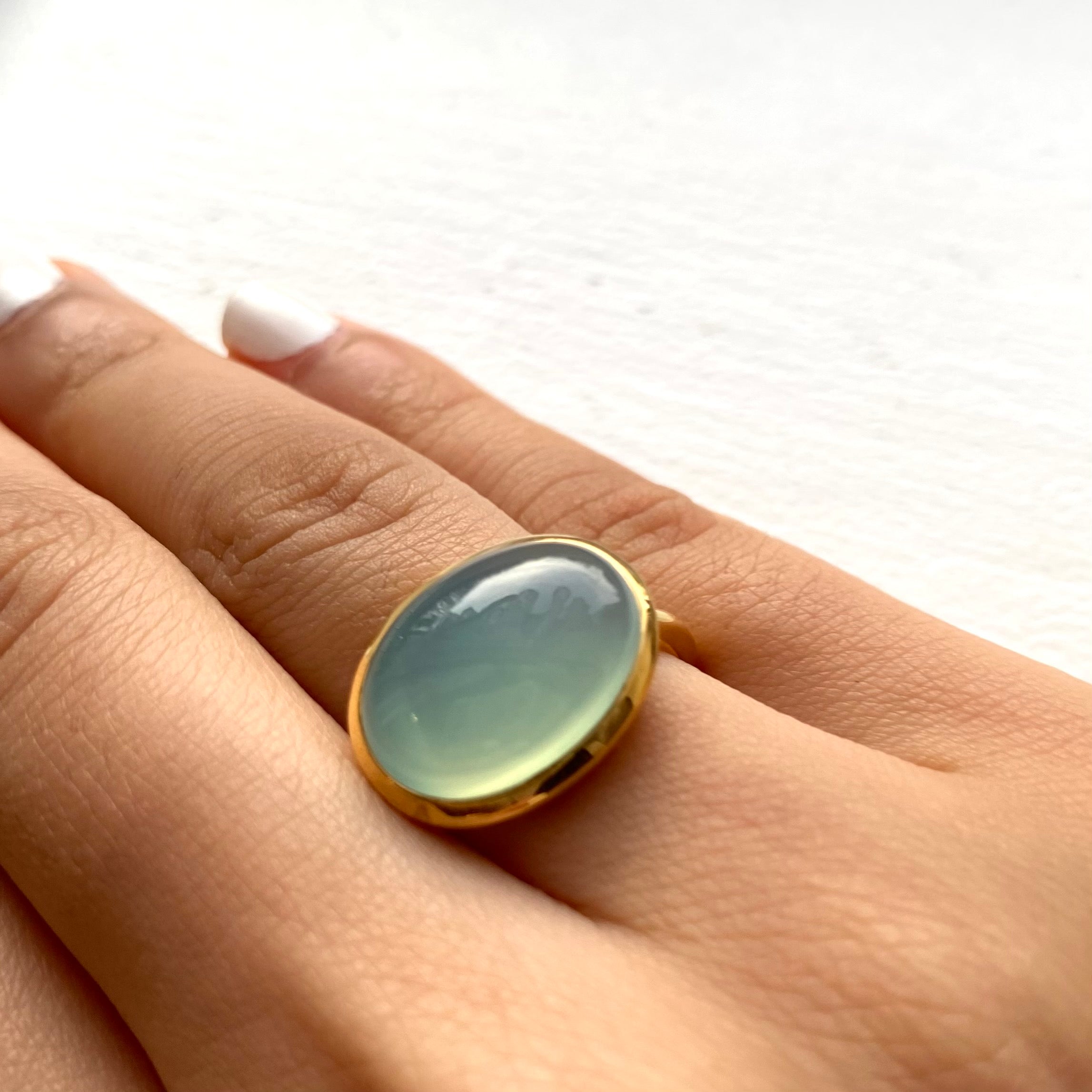 Cabochon Oval Cut Natural Gemstone Gold Plated Sterling Silver Ring - Aqua Chalcedony