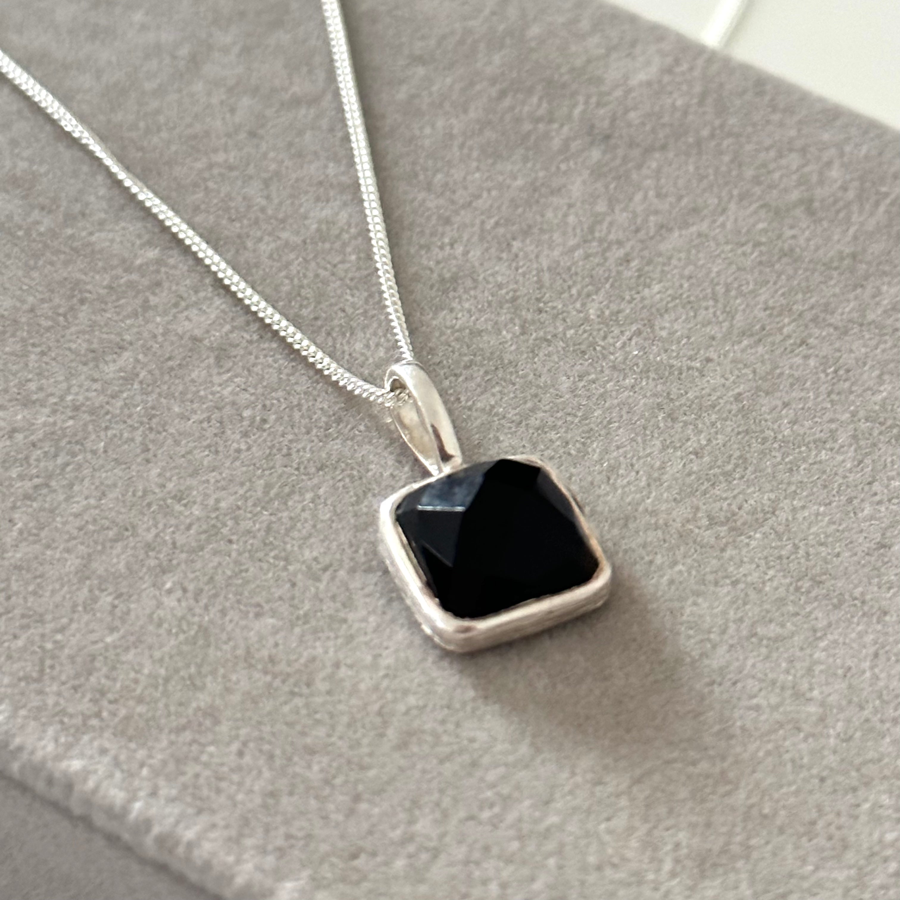 Sterling Silver Pendant Necklace with a Faceted Square Gemstone - Black Onyx