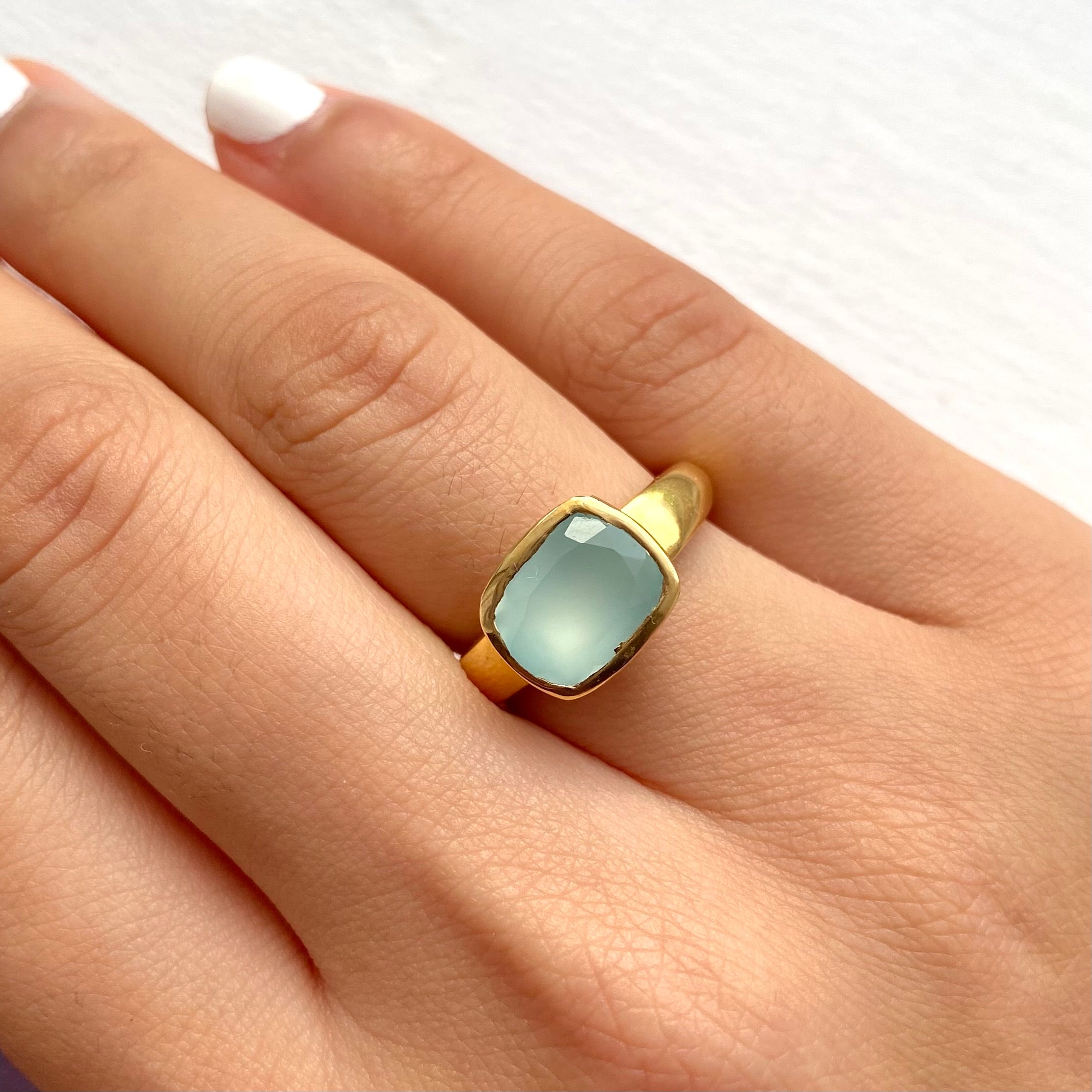 Faceted Rectangular Cut Natural Gemstone Gold Plated Sterling Silver Ring - Aqua Chalcedony