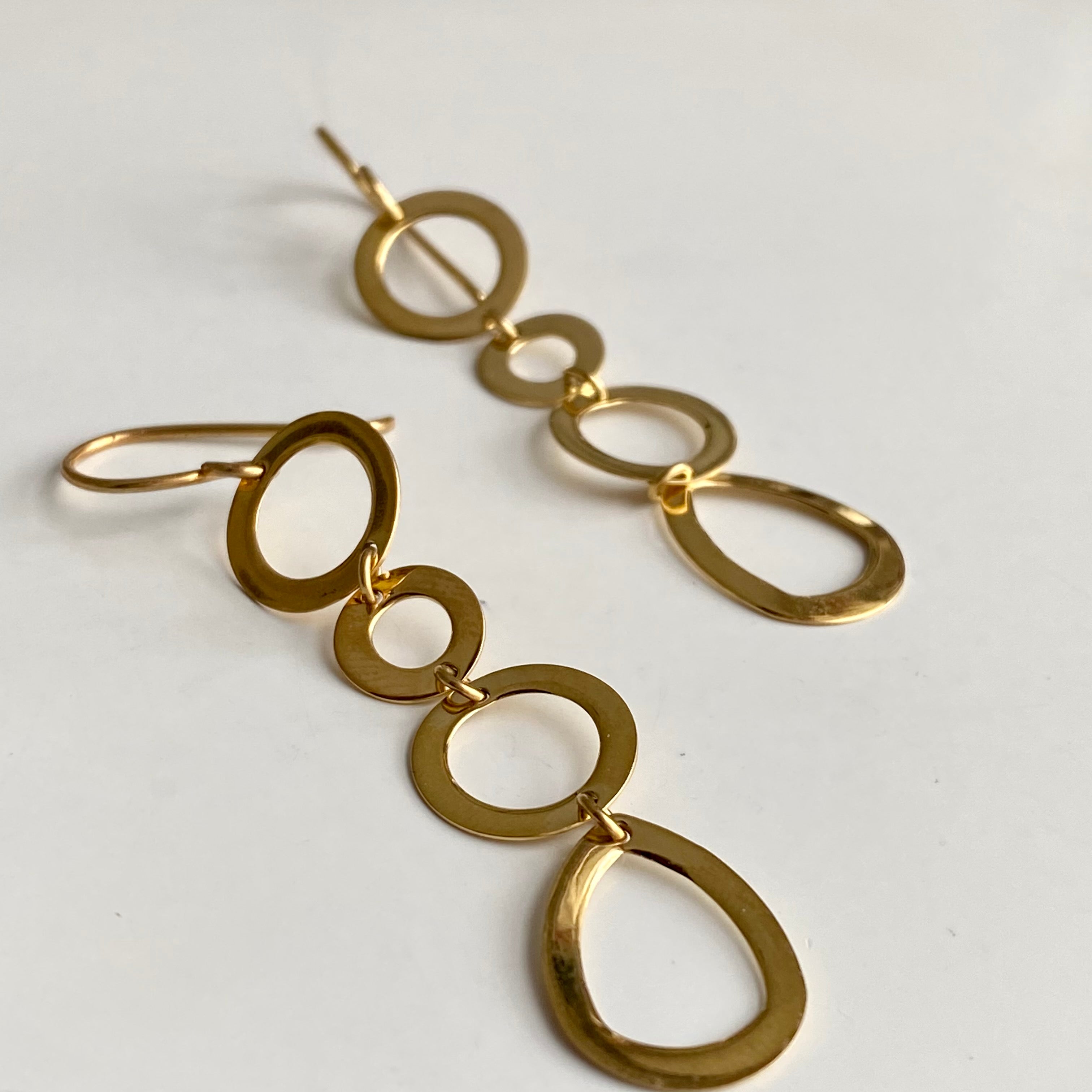 Gold Plated Sterling Silver Long Earrings with Round and Tear Drop Shaped Rings
