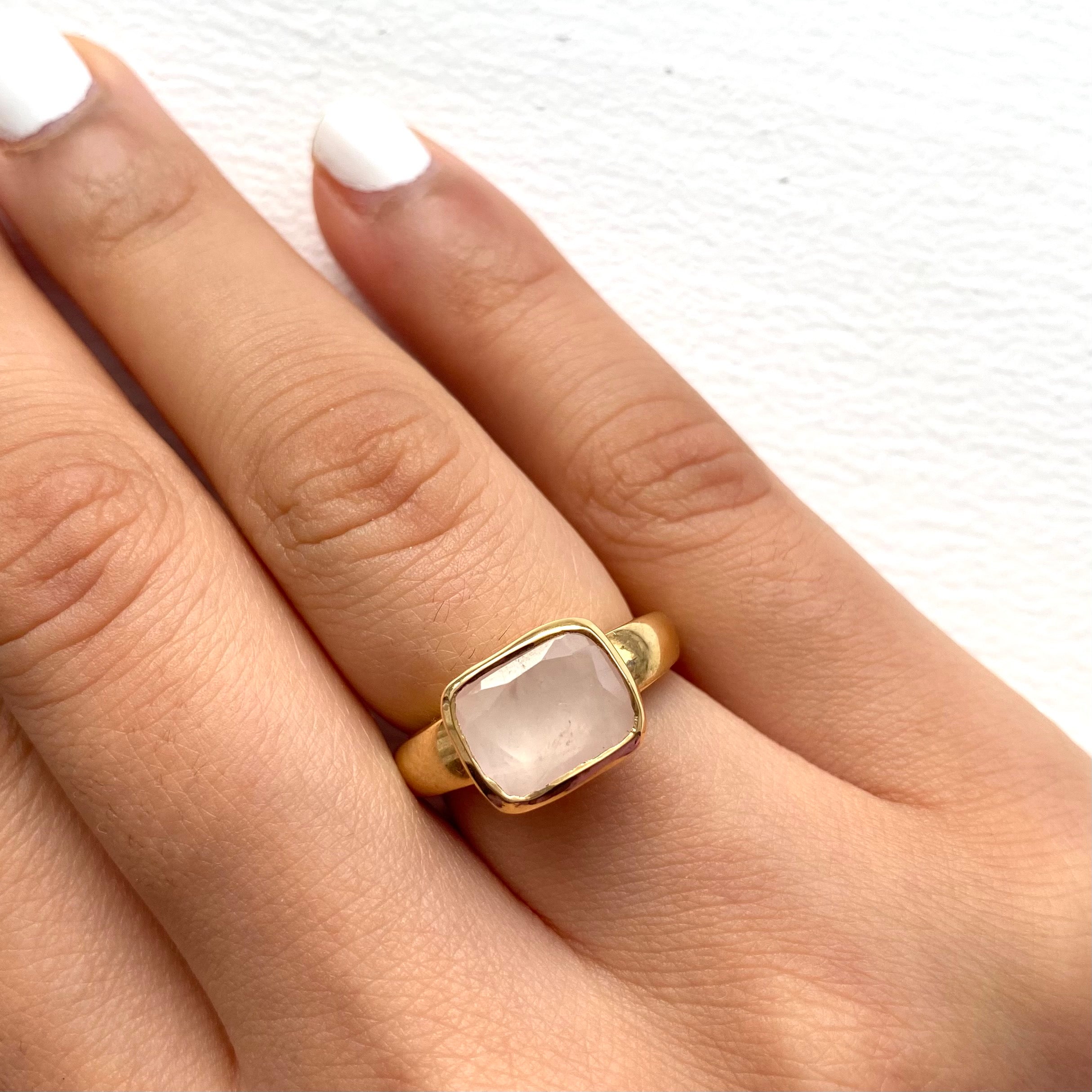 Faceted Rectangular Cut Natural Gemstone Gold Plated Sterling Silver Ring - Rose Quartz