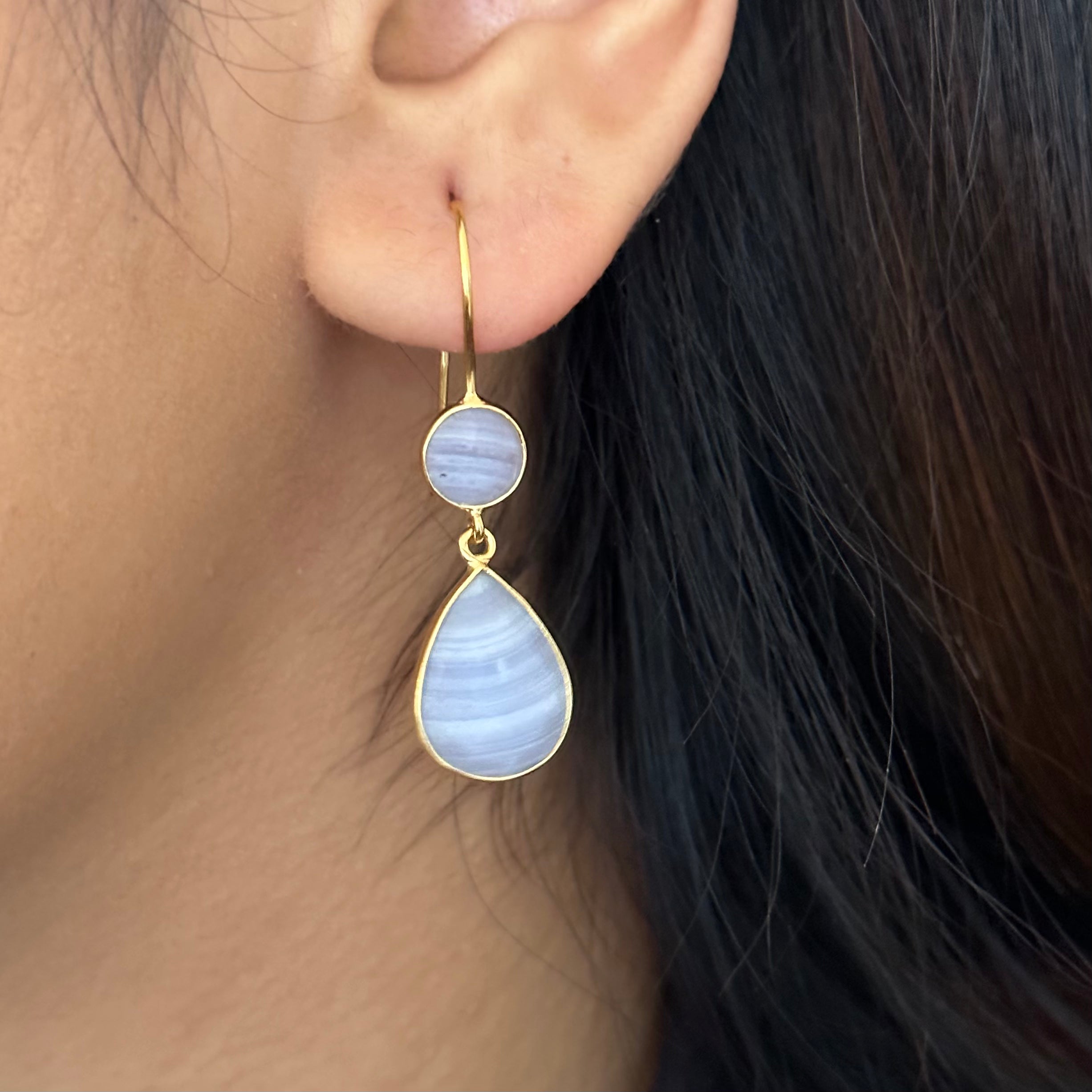 Blue Laced Agate Gemstone Two Stone Earrings in Gold Plated Sterling Silver - Teardrop