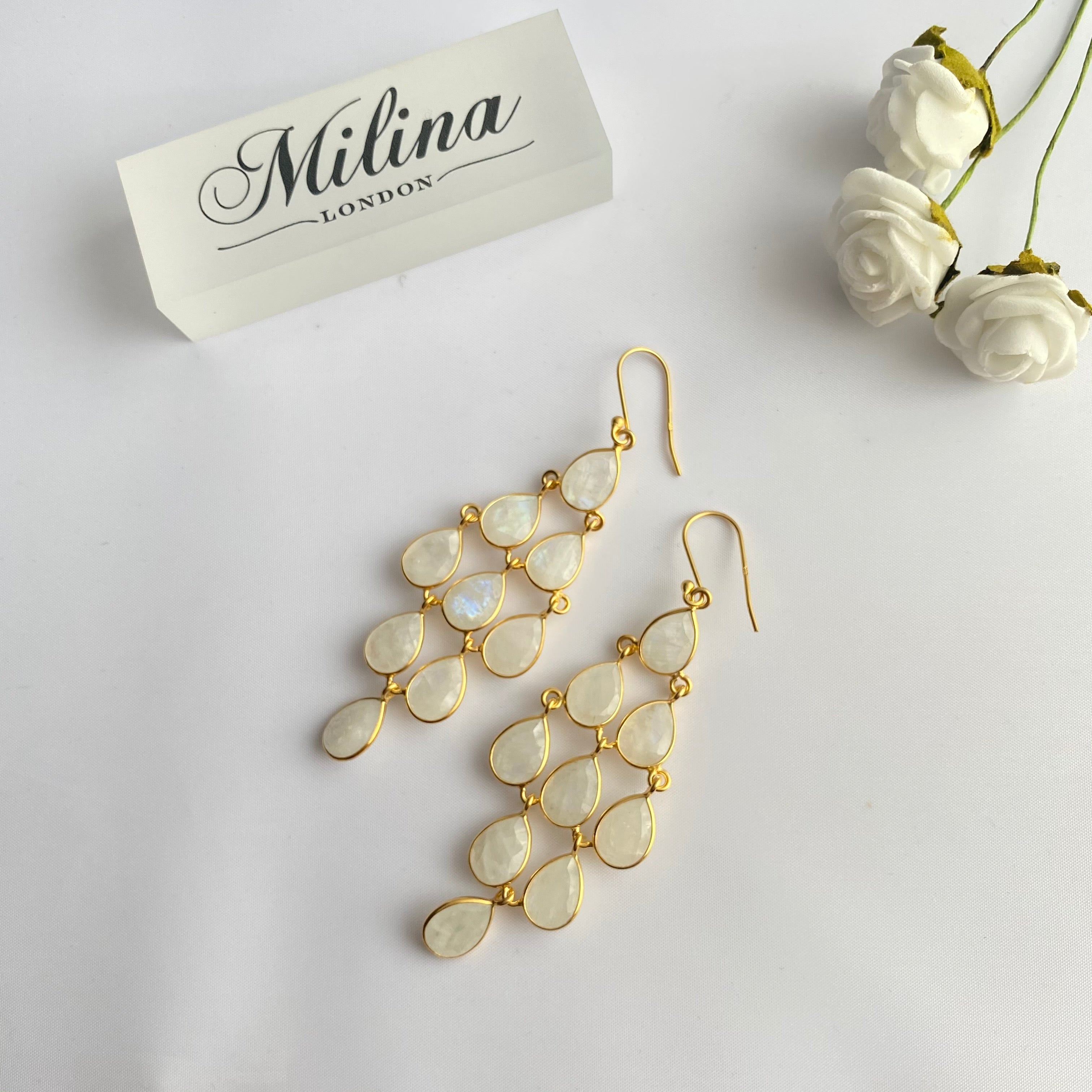 Gold Plated Sterling Silver Chandelier Earrings with Natural Gemstones  - Moonstone