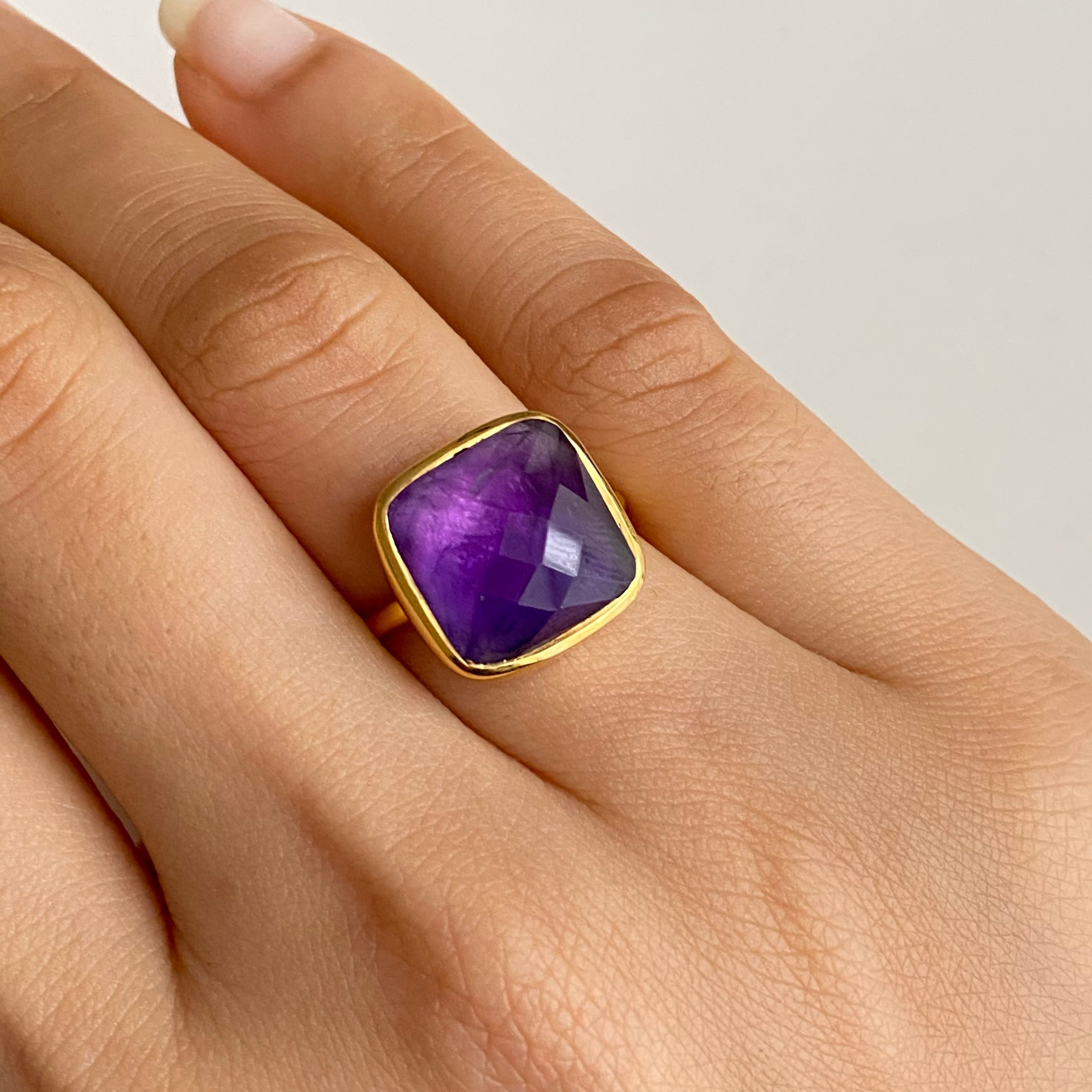 Gold Plated Silver Ring with Square Amethyst Stone 