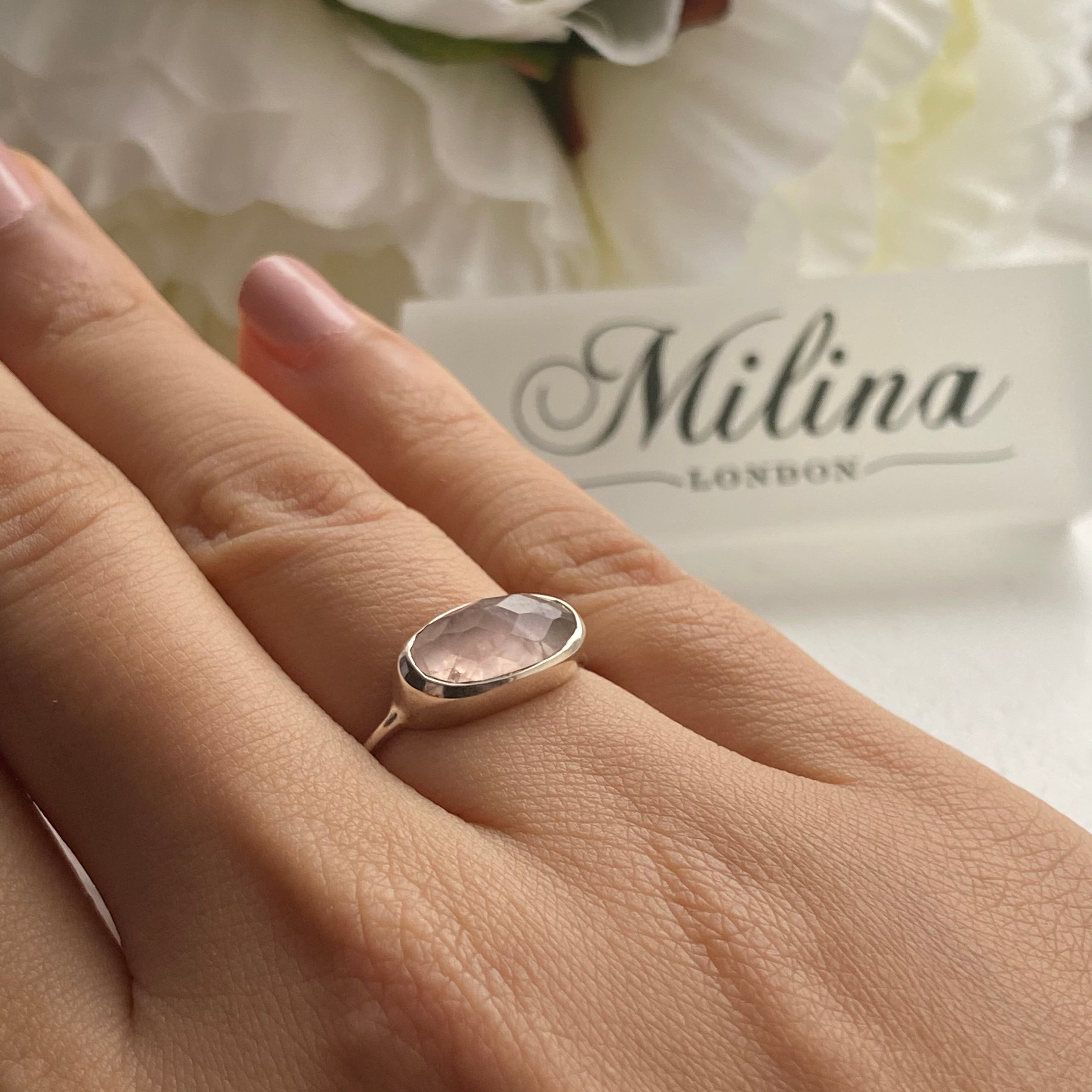 Faceted Oval Cut Natural Gemstone Sterling Silver Fine Band Ring - Rose Quartz