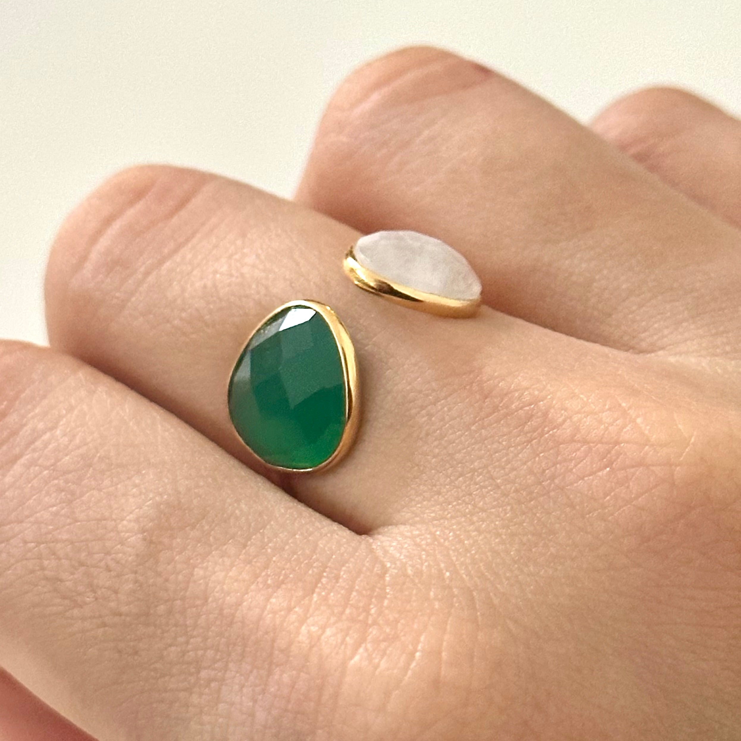 Gold Plated Sterling Silver Two Gemstone Ring with Green Onyx and Moonstone
