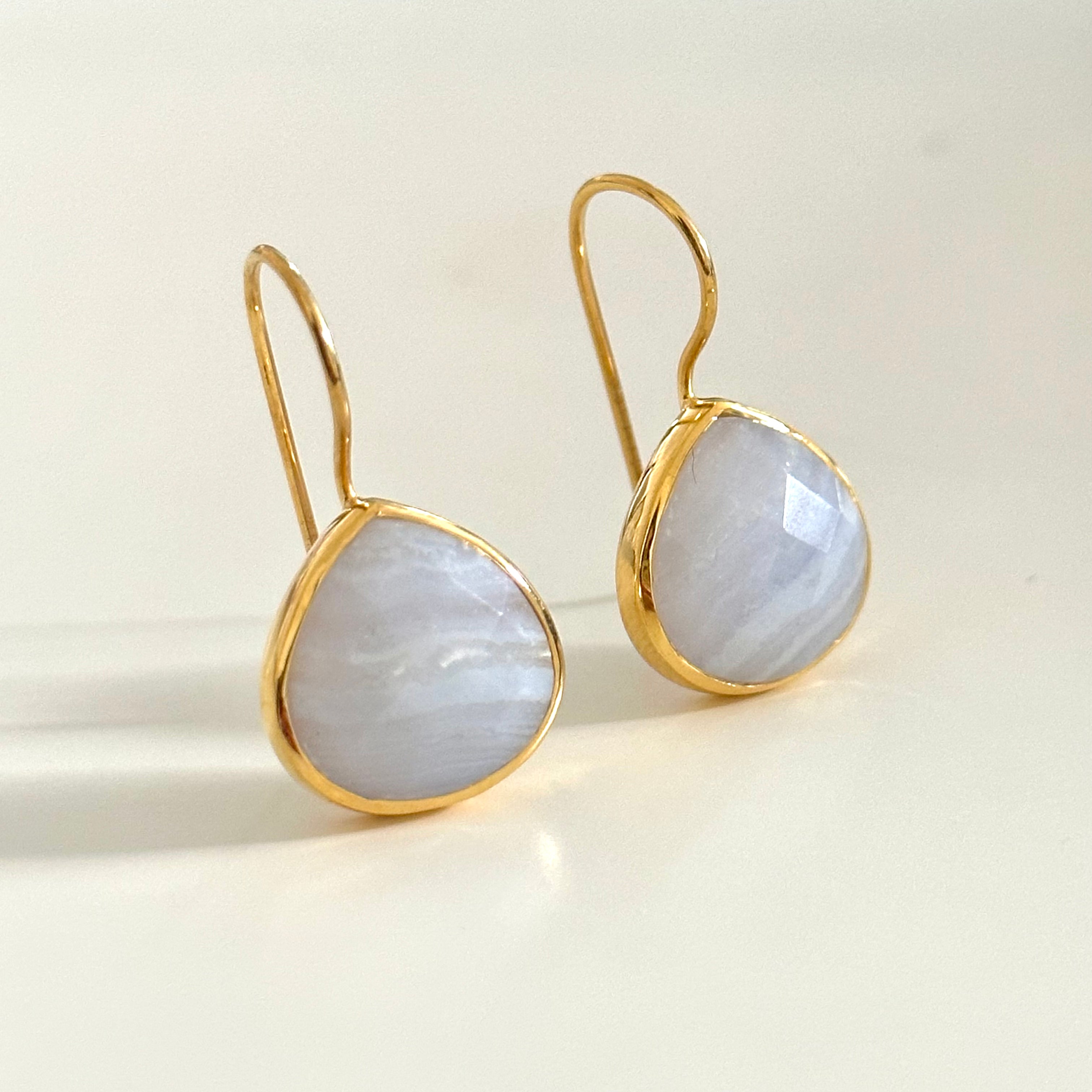 Blue Laced Agate Gemstone Gold Plated Sterling Silver Teardrop Earrings