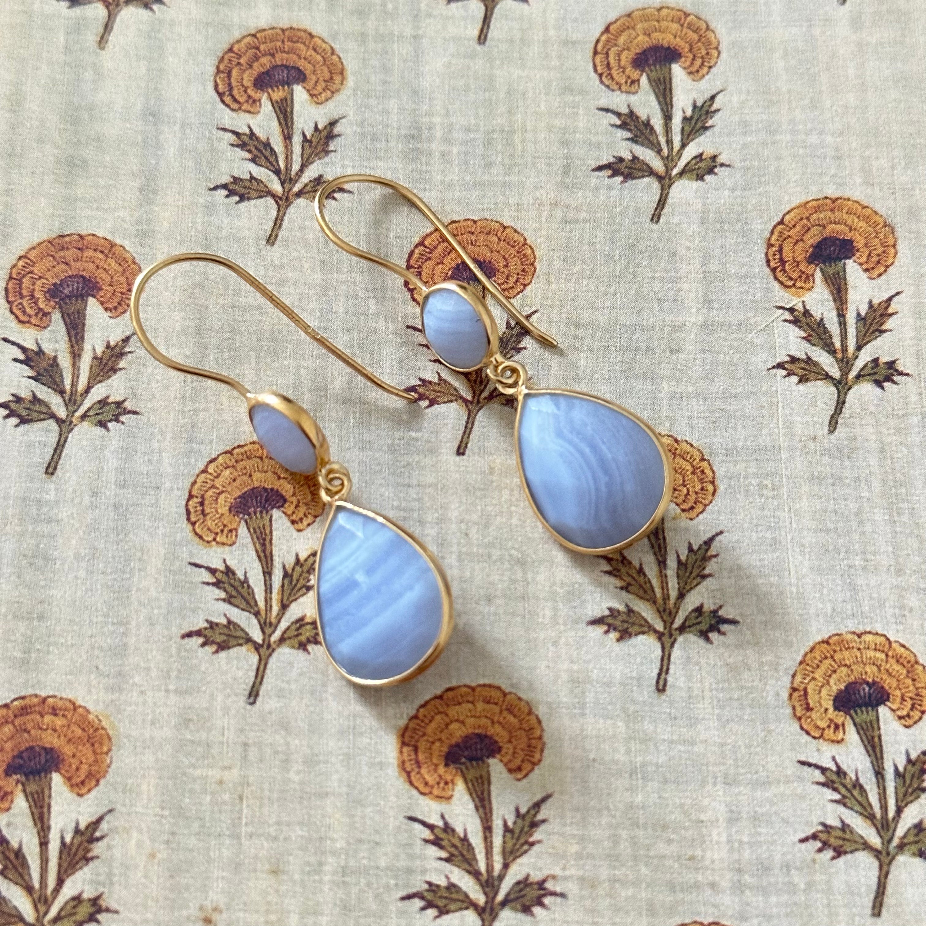 Blue Laced Agate Gemstone Two Stone Earrings in Gold Plated Sterling Silver - Teardrop