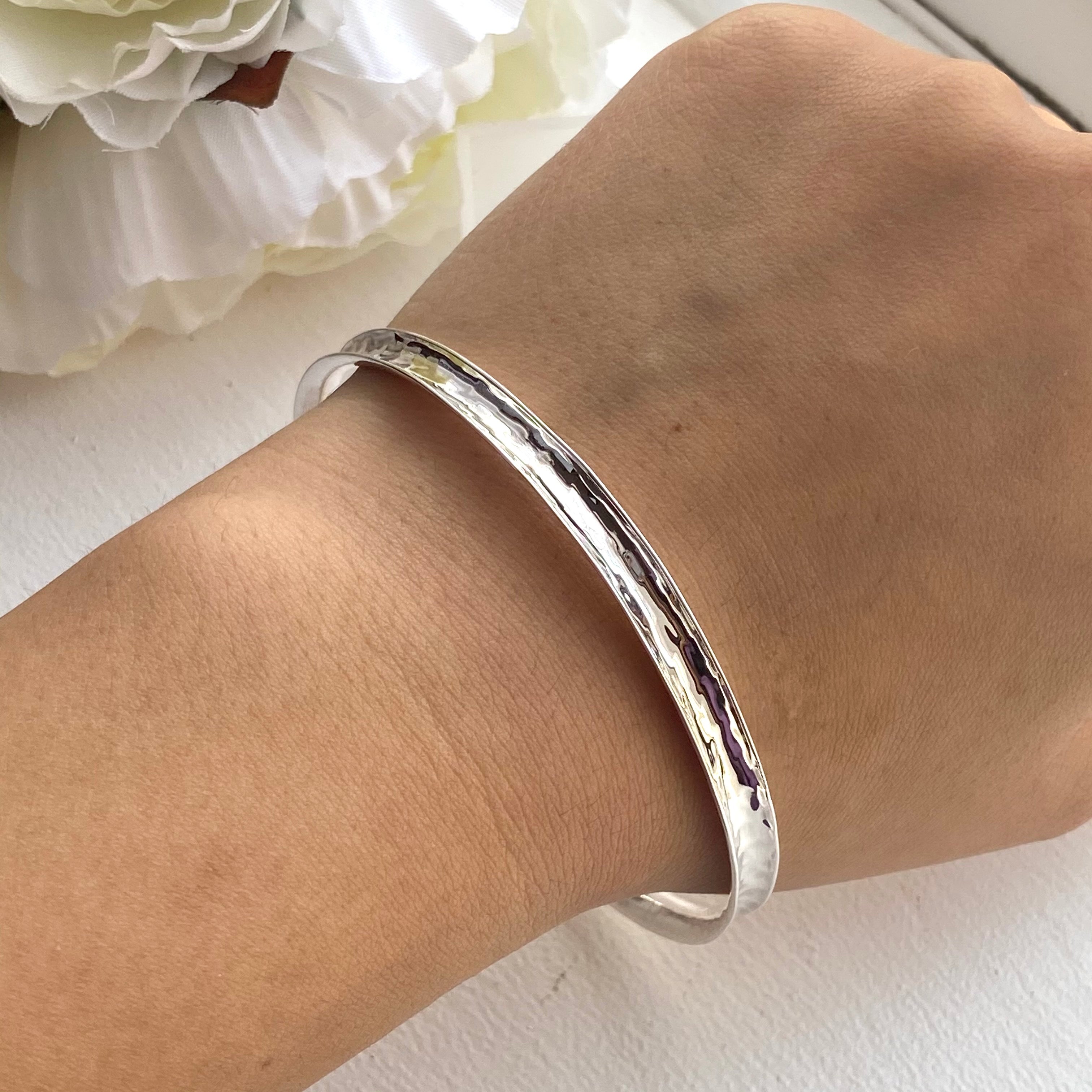 Round Sterling Silver 5mm wide Concave Bangle with a Hammered Finish