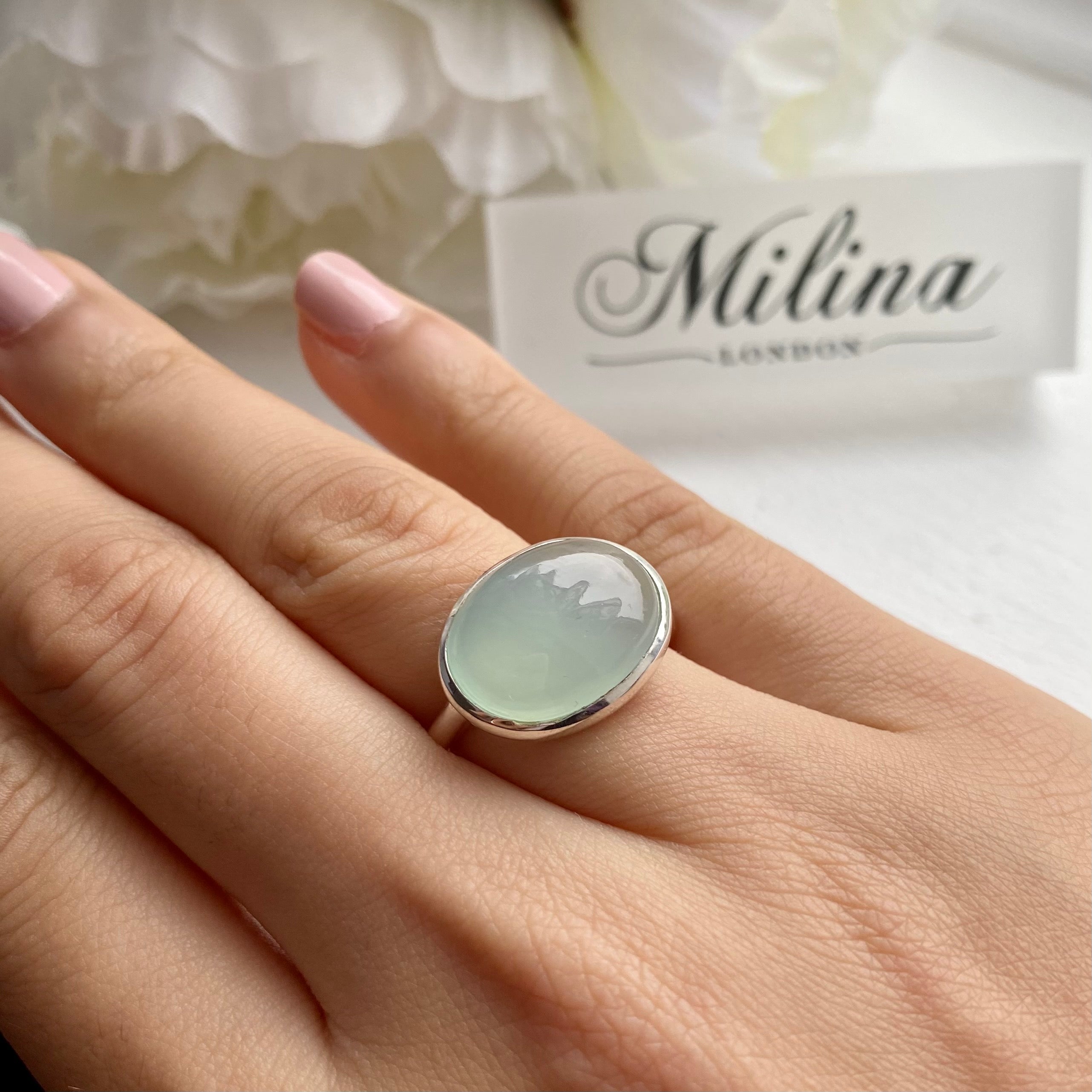 Cabochon Oval Cut Natural Gemstone Sterling Silver Ring - Aqua Chalcedony