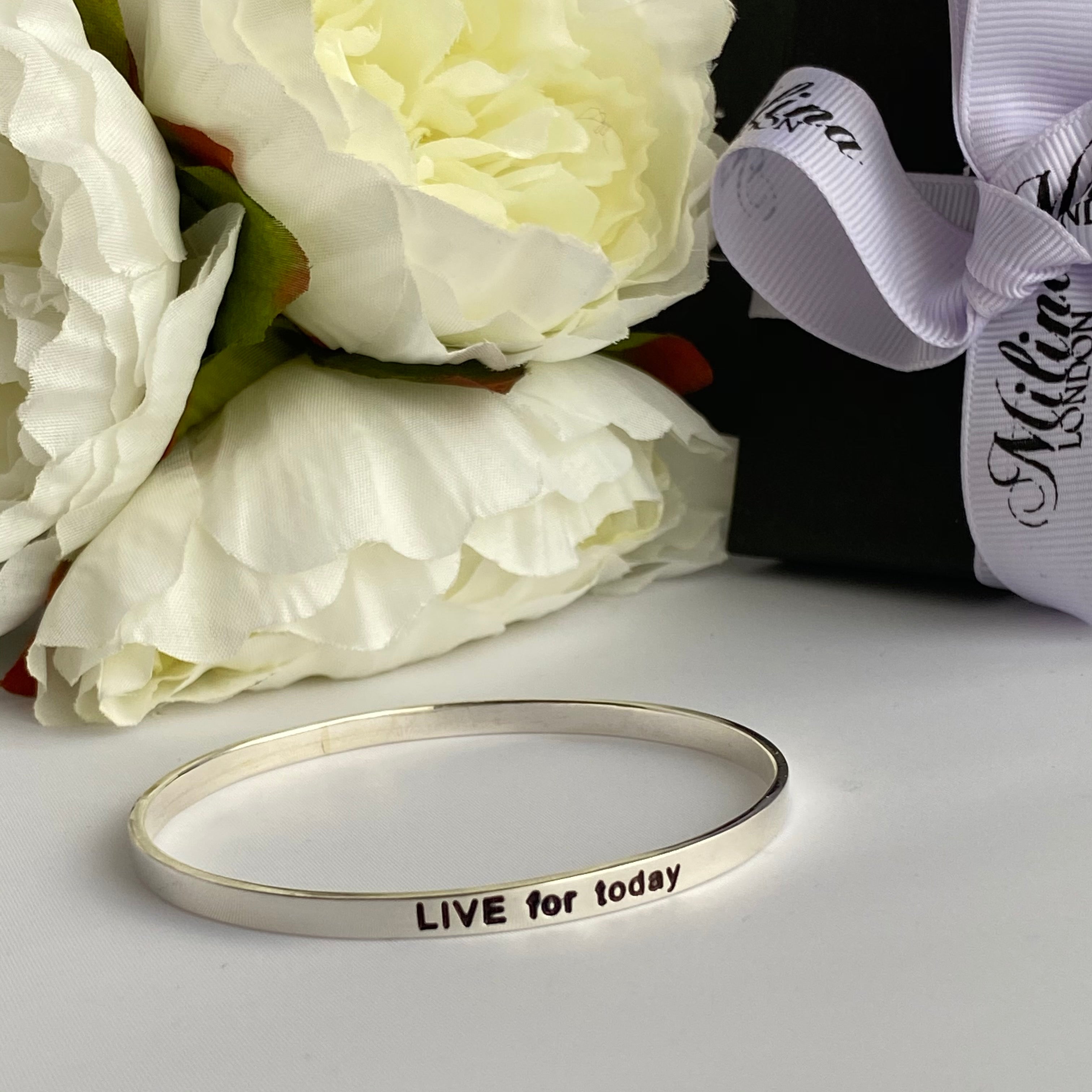 Sterling Silver Motivational Quote Bangle - Live For Today