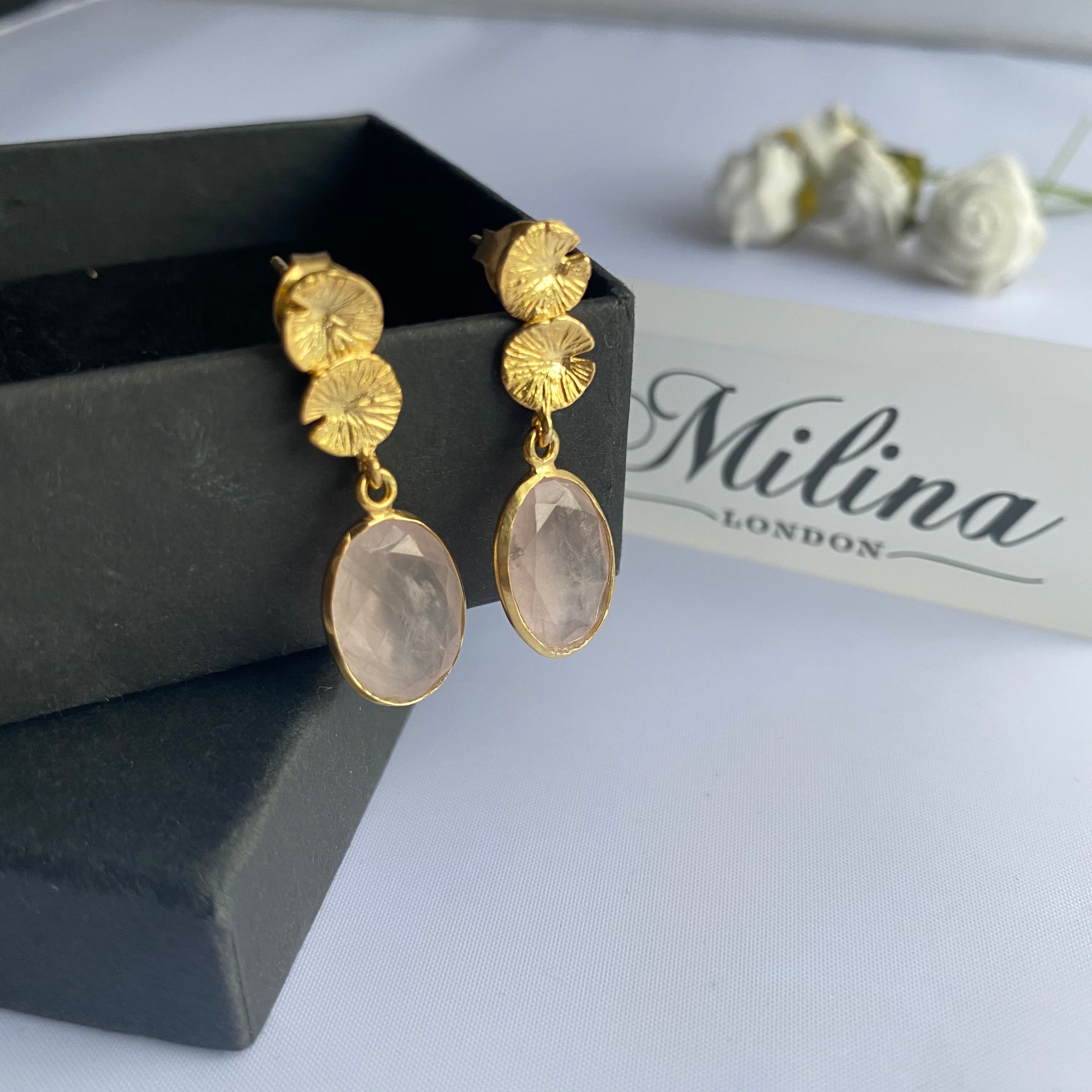 Lily Pad Earrings in Gold Plated Sterling Silver with a Rose Quartz Gemstone Drop