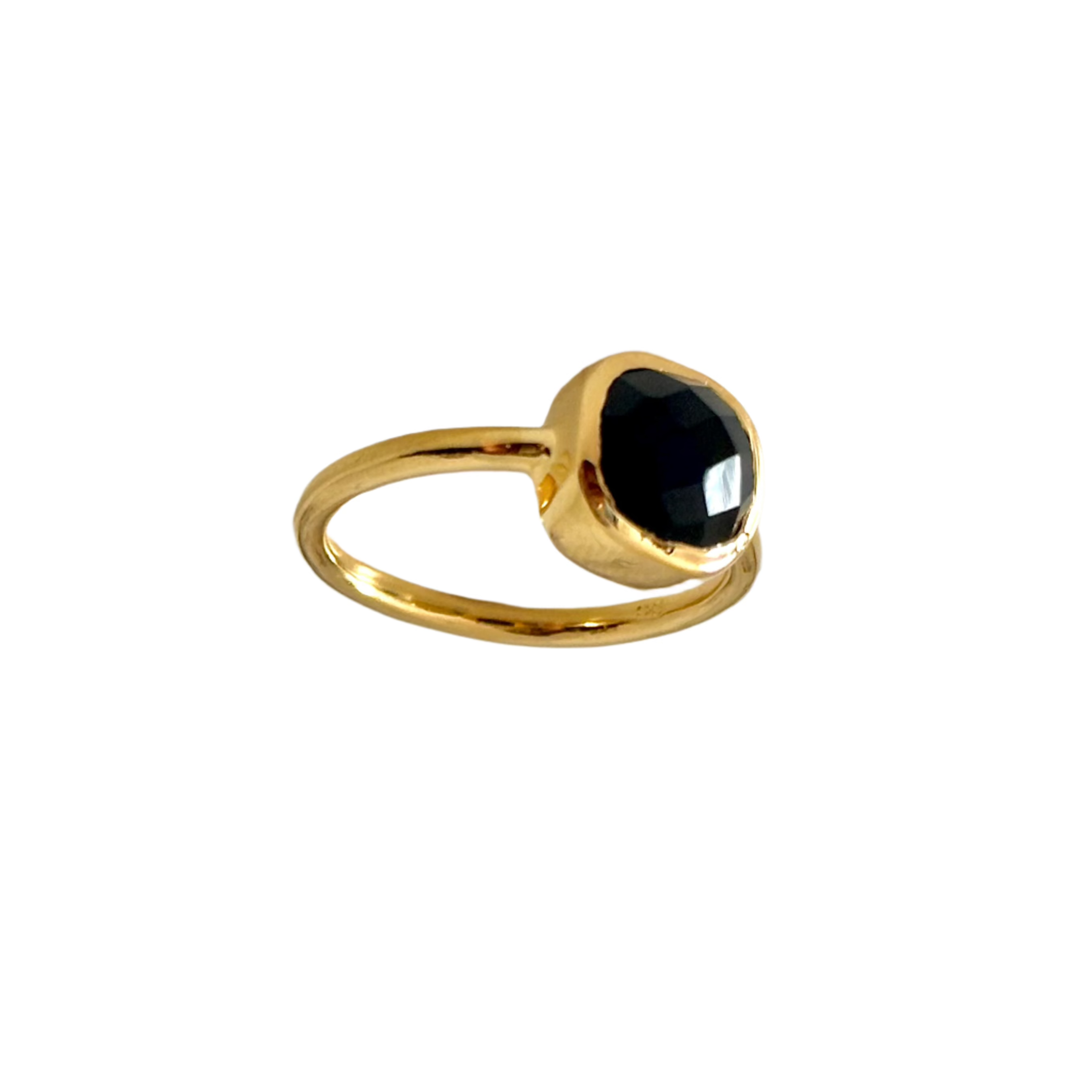 Square Cut Natural Gemstone Gold Plated Sterling Silver Solitaire Ring -Black Onyx