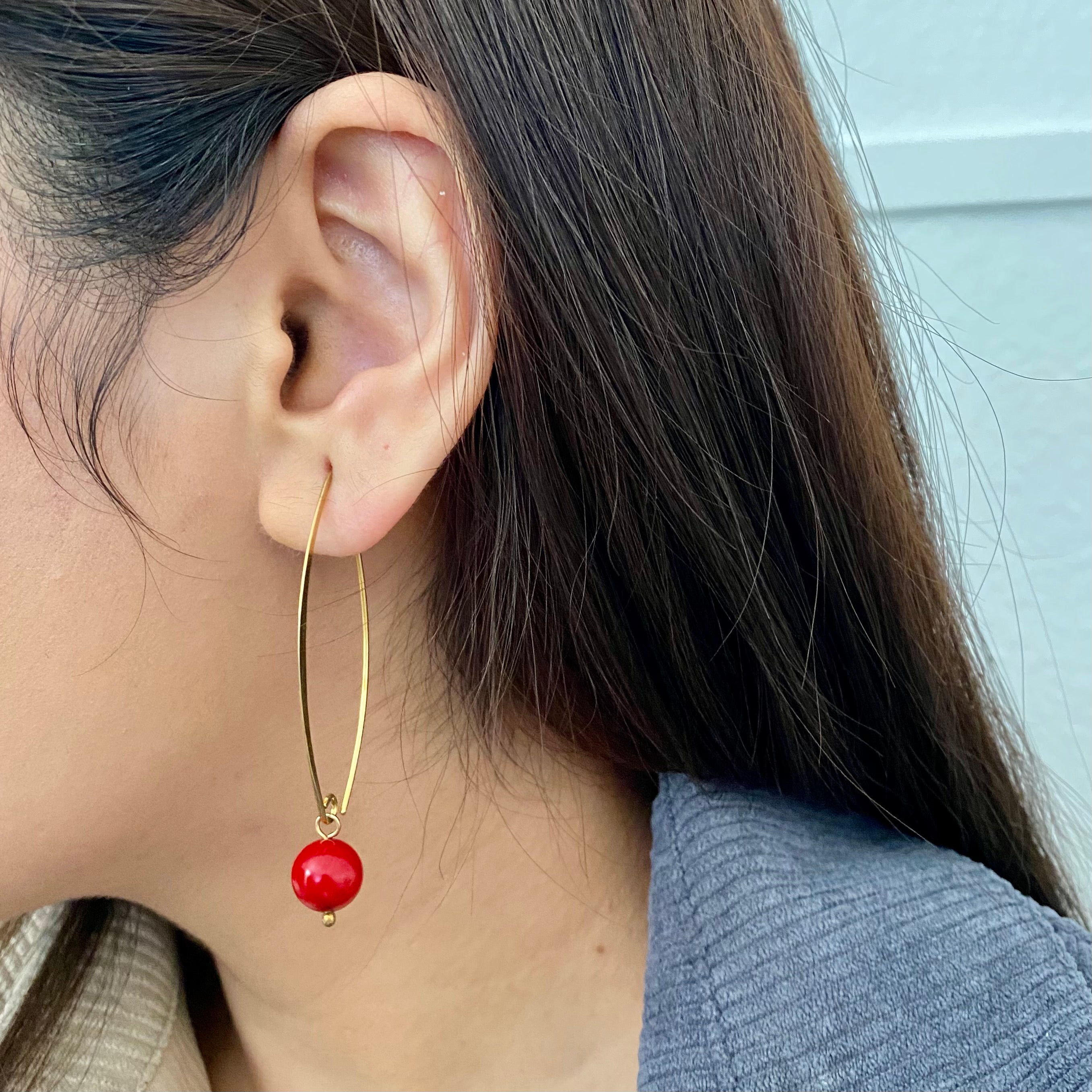 Gold Plated Long Sterling Silver Threader Earrings with a Coral Drop