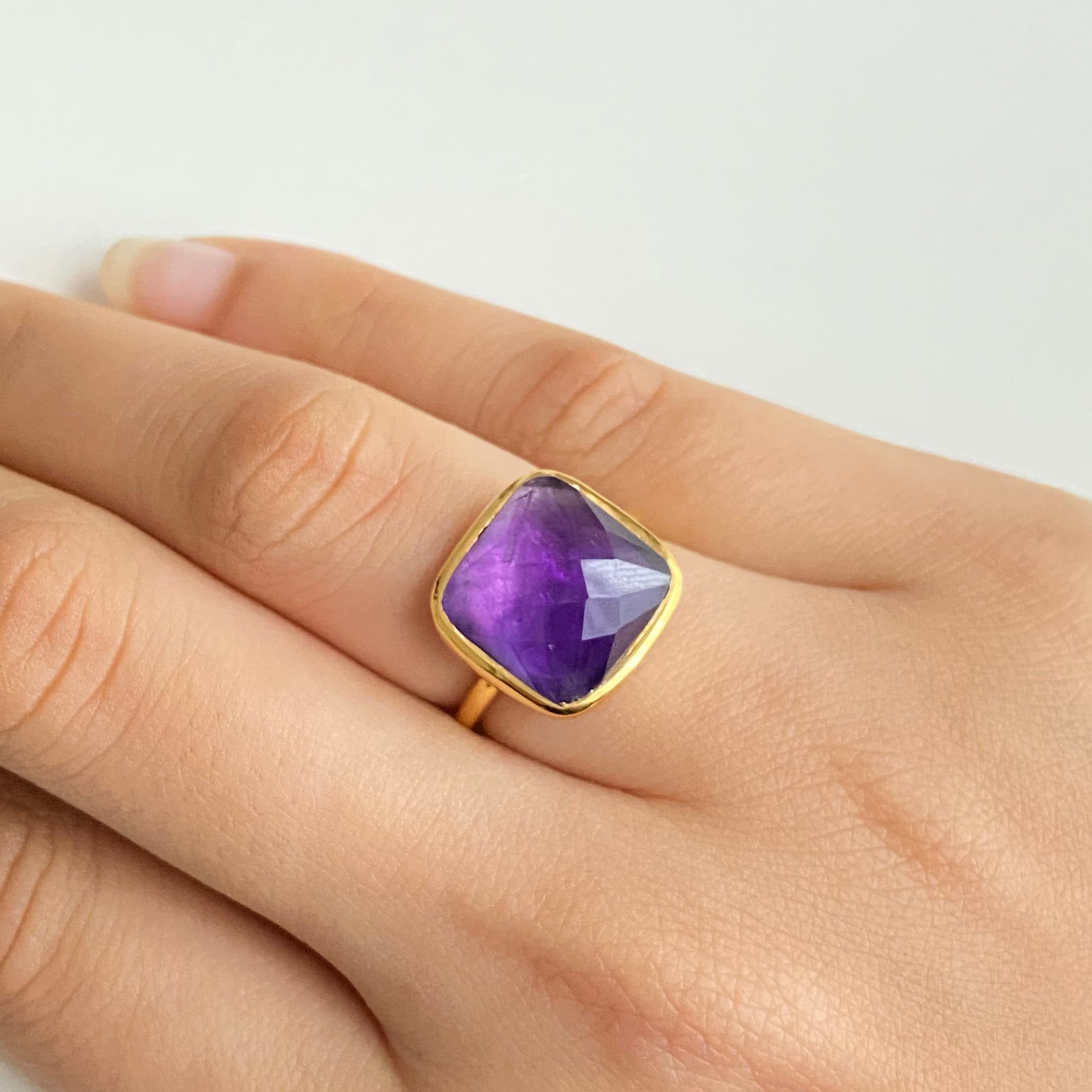 Gold Plated Silver Ring with Square Amethyst Stone 