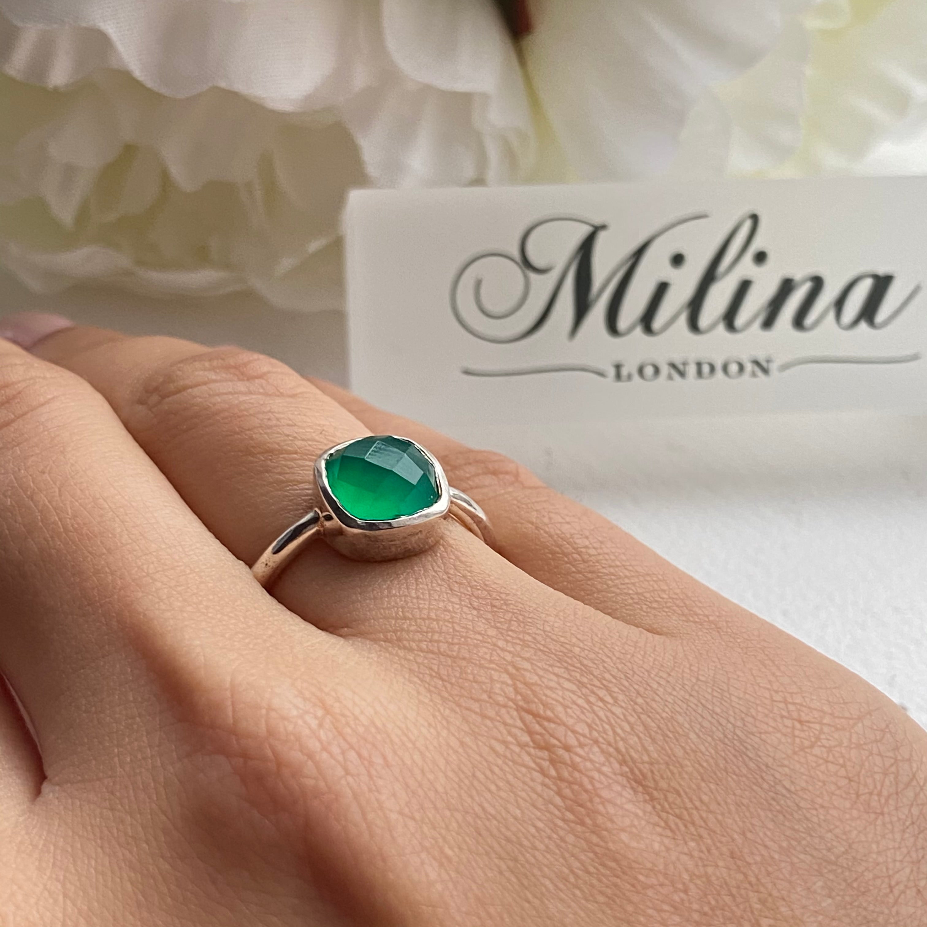 Faceted Square Cut Natural Gemstone Sterling Silver Solitaire Ring Green Onyx
