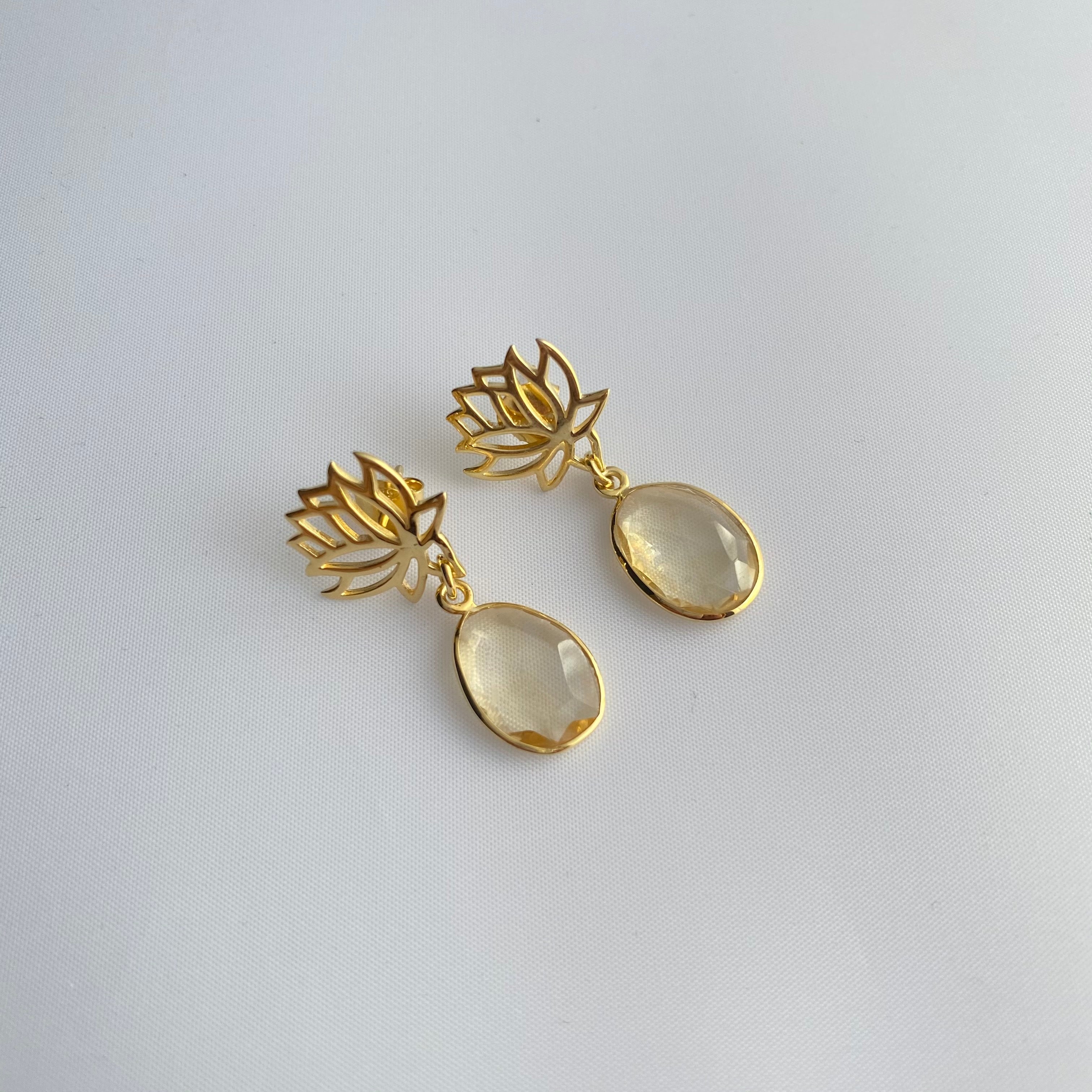 Lotus Earrings in Gold Plated Sterling Silver with a Citrine Gemstone Drop