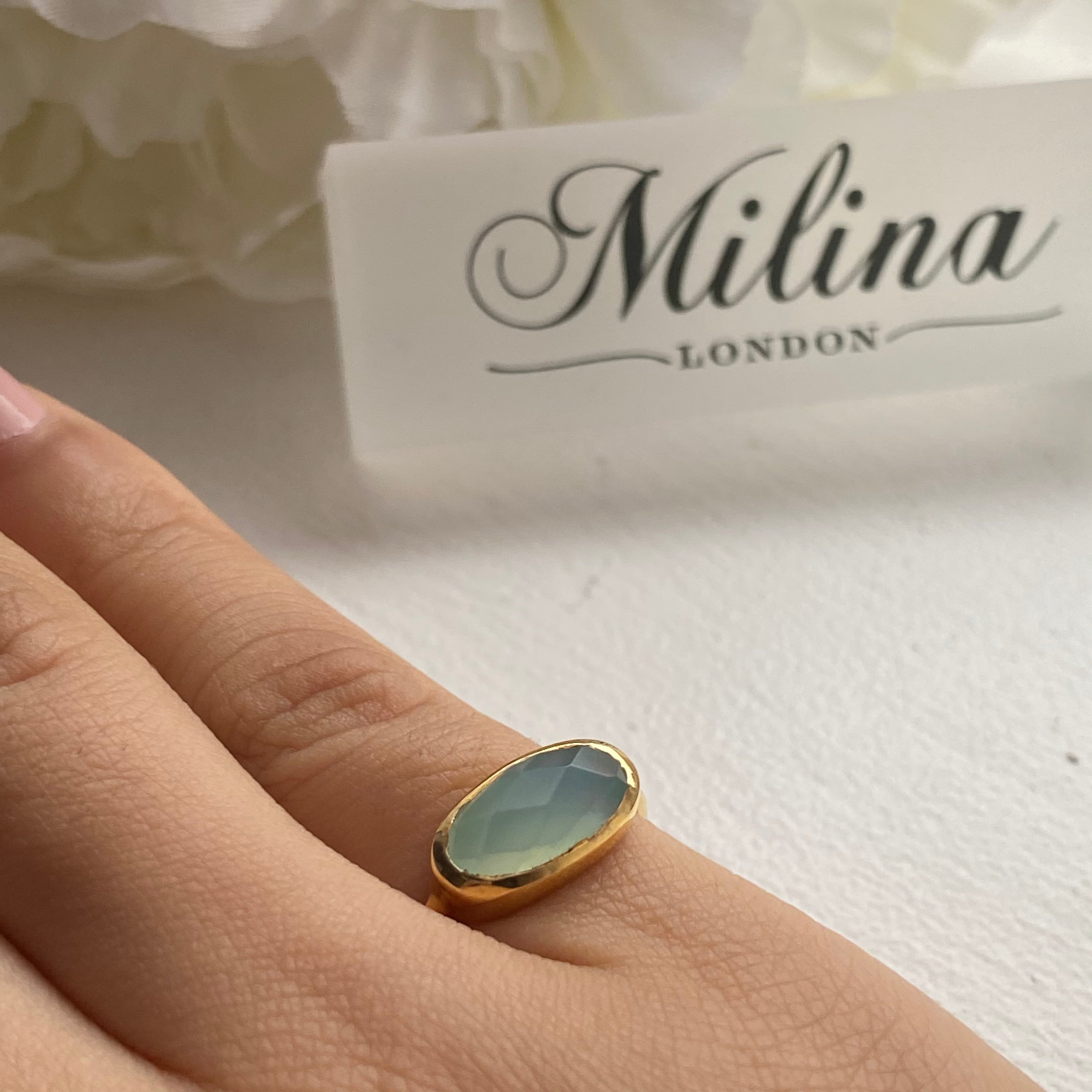 Faceted Oval Cut Natural Gemstone Gold Plated Sterling Silver Fine Band Ring - Aqua Chalcedony