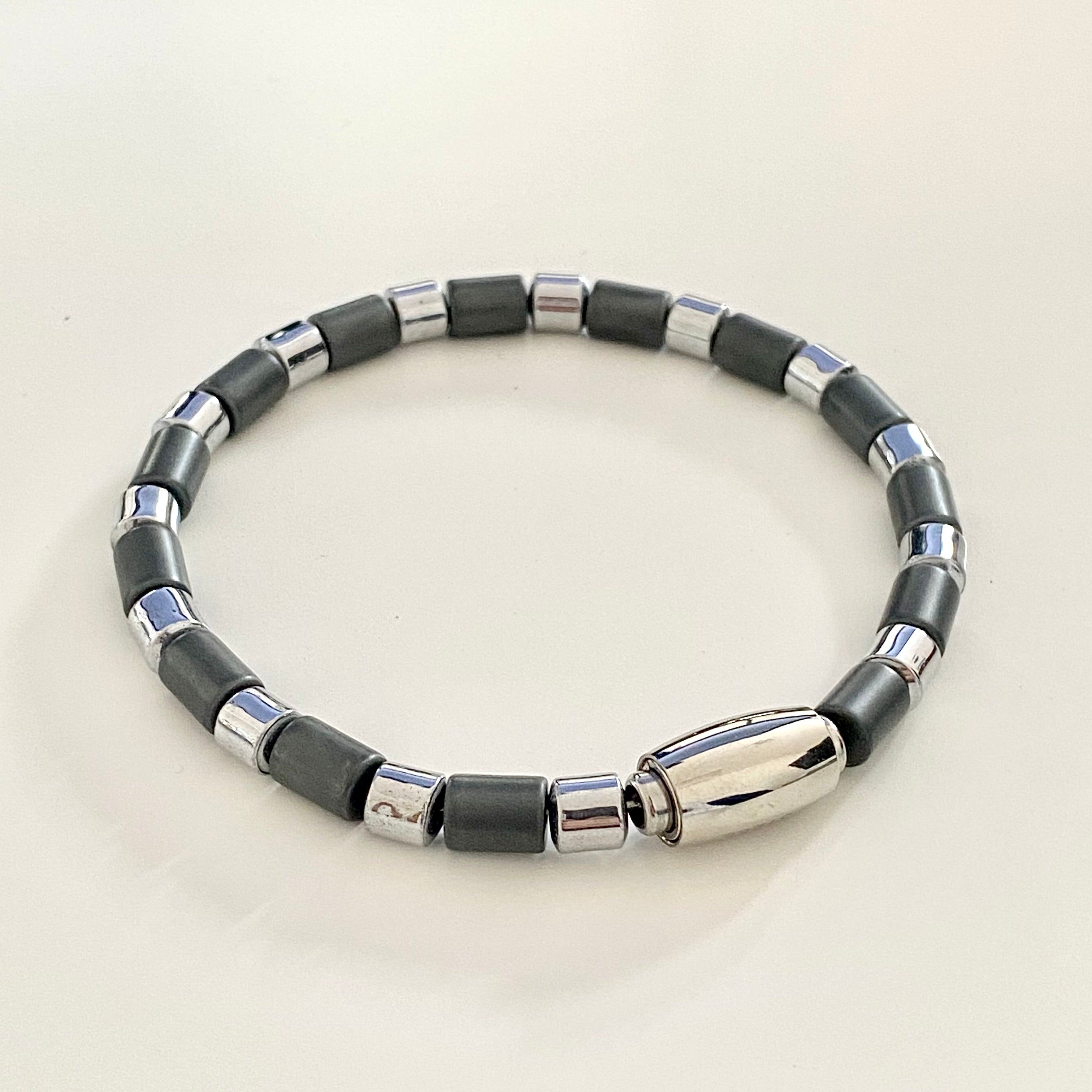 Haematite and Stainless Steel Bead Bracelet with Magnetic Stainless Steel Clasp